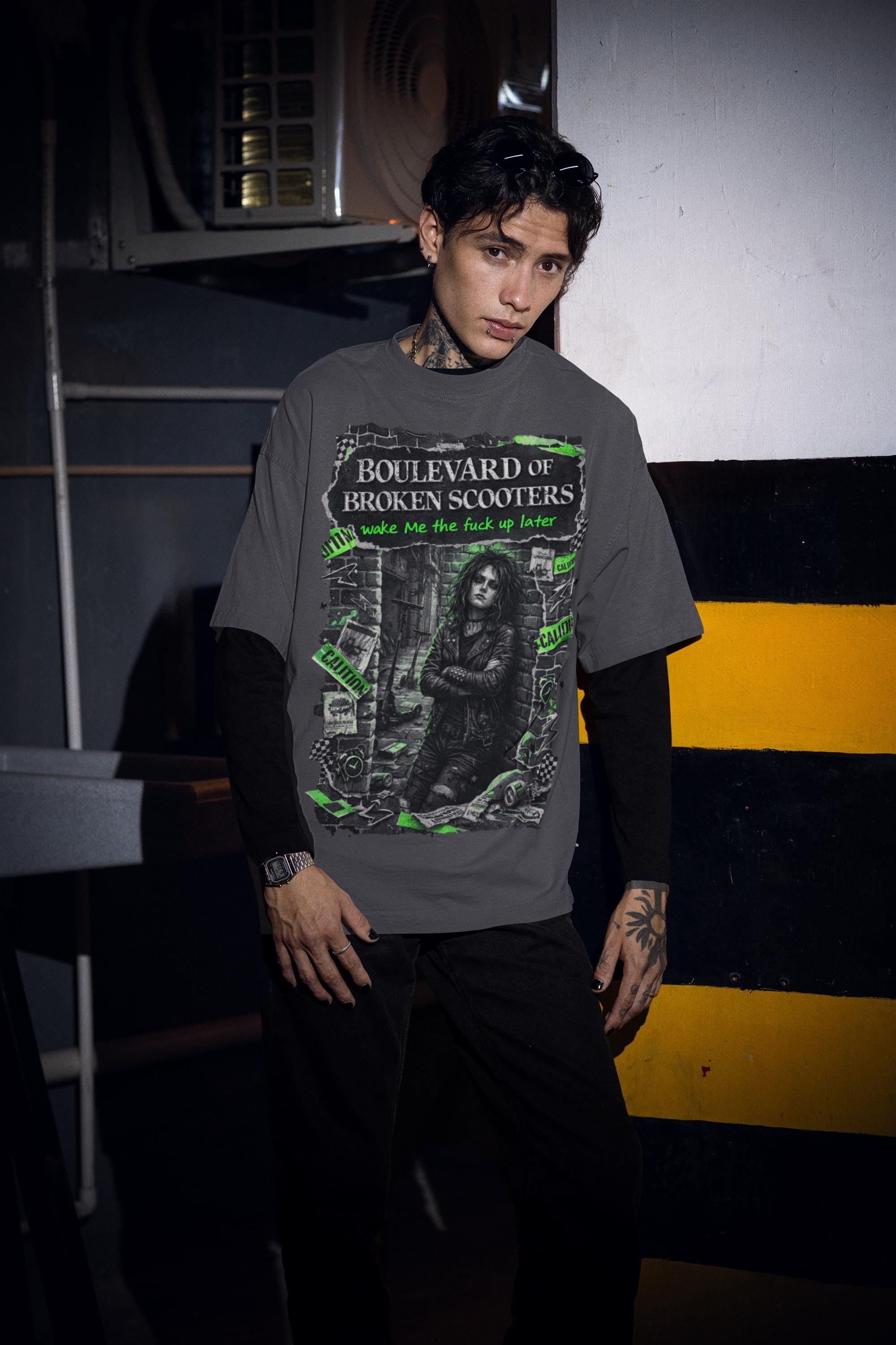 Boulevard of Broken Scooters Graphic T-Shirt Green Punk Band Poster Style Vintage Unisex Tee