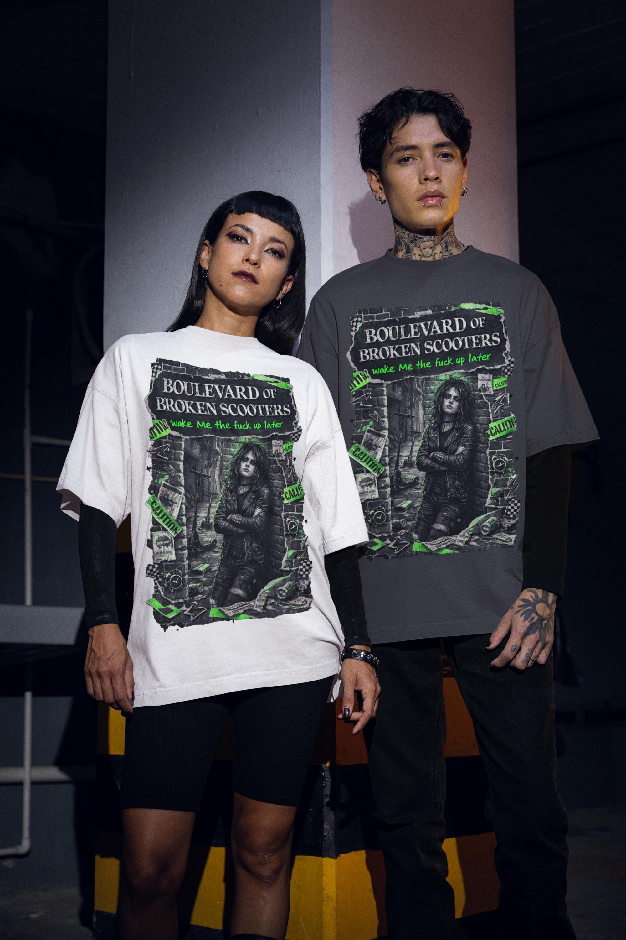 Boulevard of Broken Scooters Graphic T-Shirt Green Punk Band Poster Style Vintage Unisex Tee