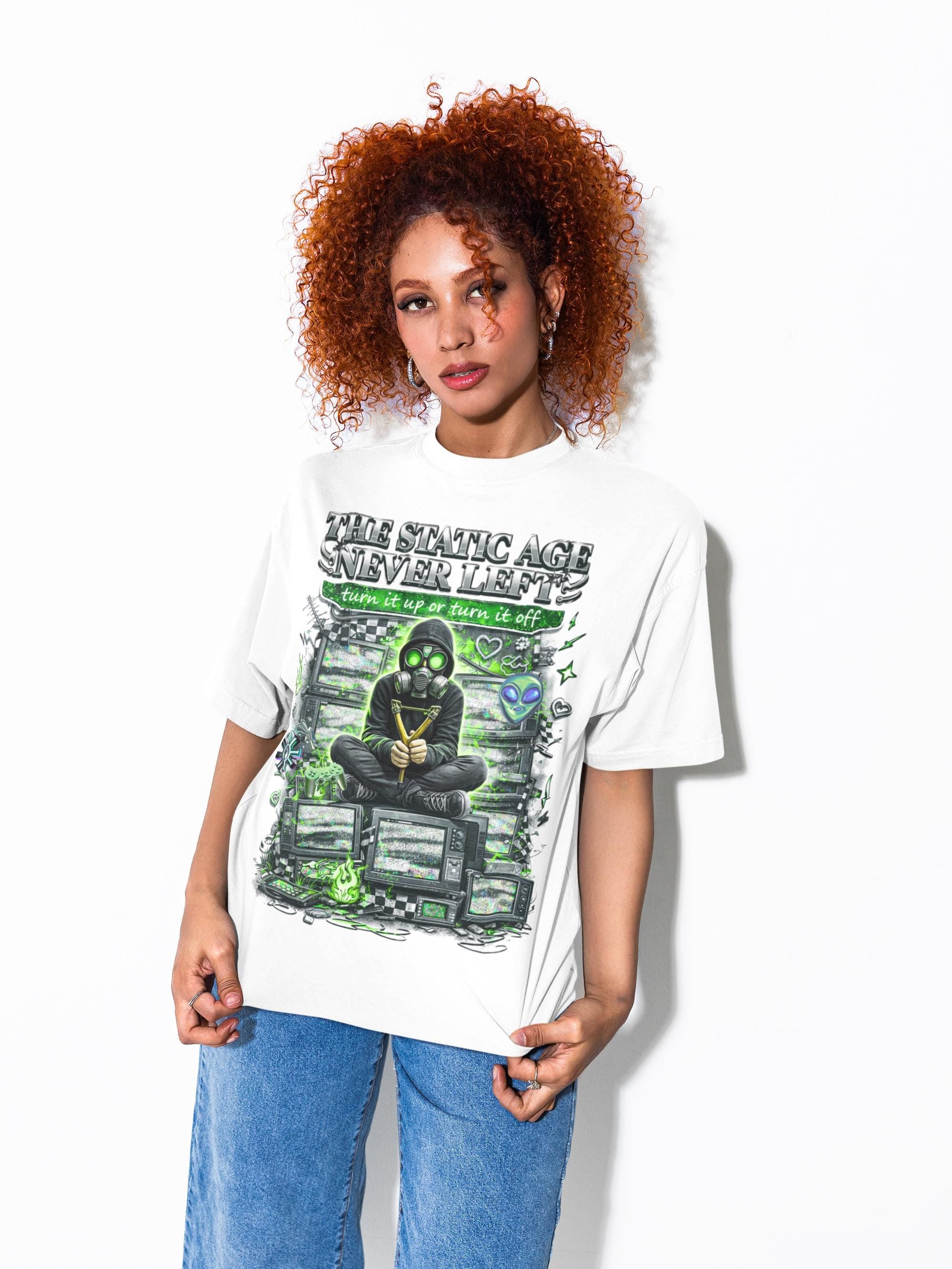 Static Age Never Left T-Shirt | Y2K Tech Nostalgia Cyber Grunge Vintage Aesthetic Unisex Streetwear Tee