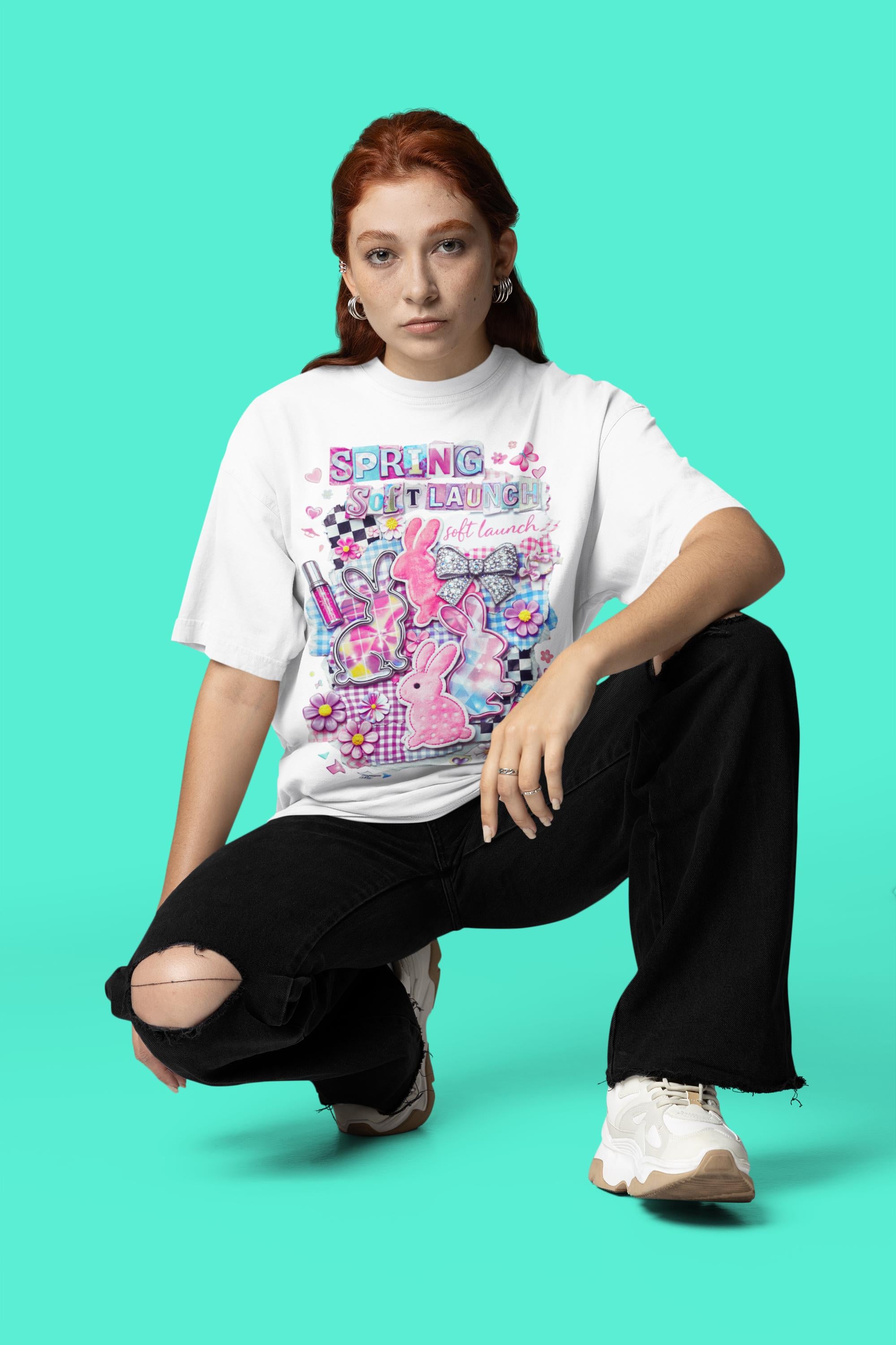 Y2K Pastel Easter Bunny Tee - Spring Collage Graphic Shirt
