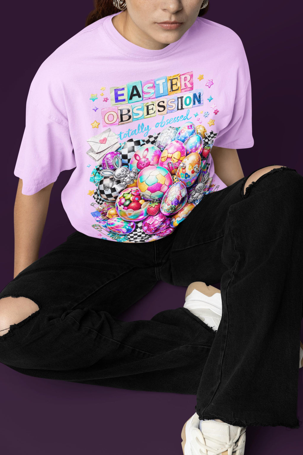 Easter Obsession Graphic Tee - Candy Egg Collage, Spring Outfit