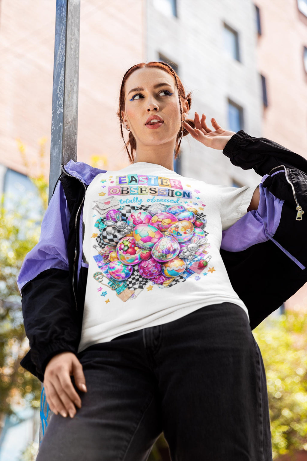 Easter Obsession Graphic Tee - Candy Egg Collage, Spring Outfit