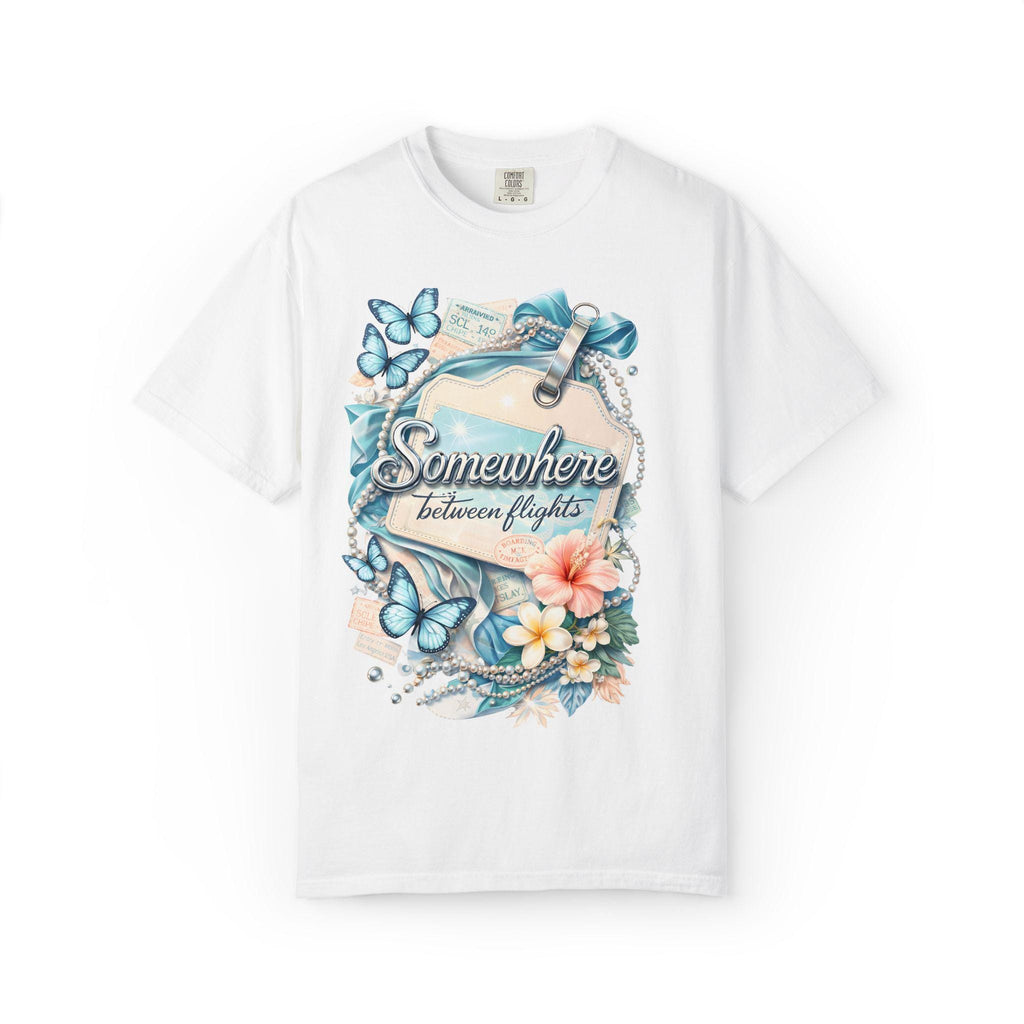 Somewhere Between Flights Graphic Tee Summer Unisex Travel T-Shirt Vacation Streetwear