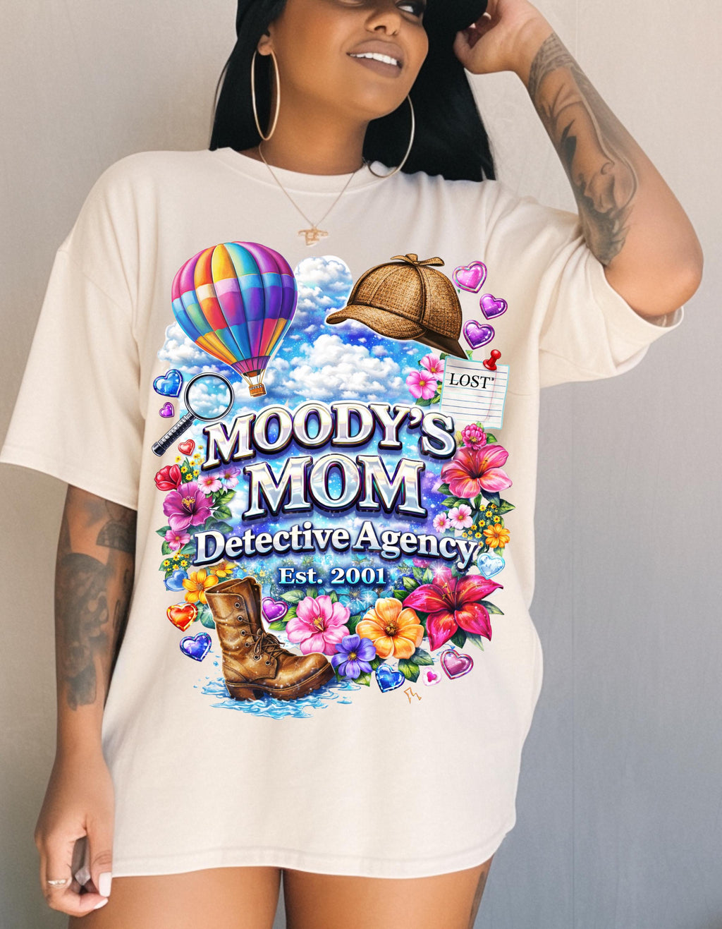 Moody's Mom Detective Agency T-Shirt | Vintage Cat Hot Air Balloon Graphic Tee Gift