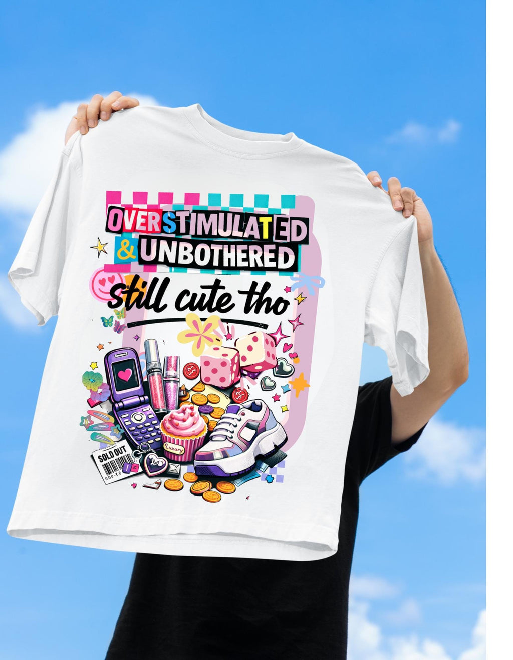 Overstimulated & Unbothered Tee | Retro Collage Graphic T-Shirt