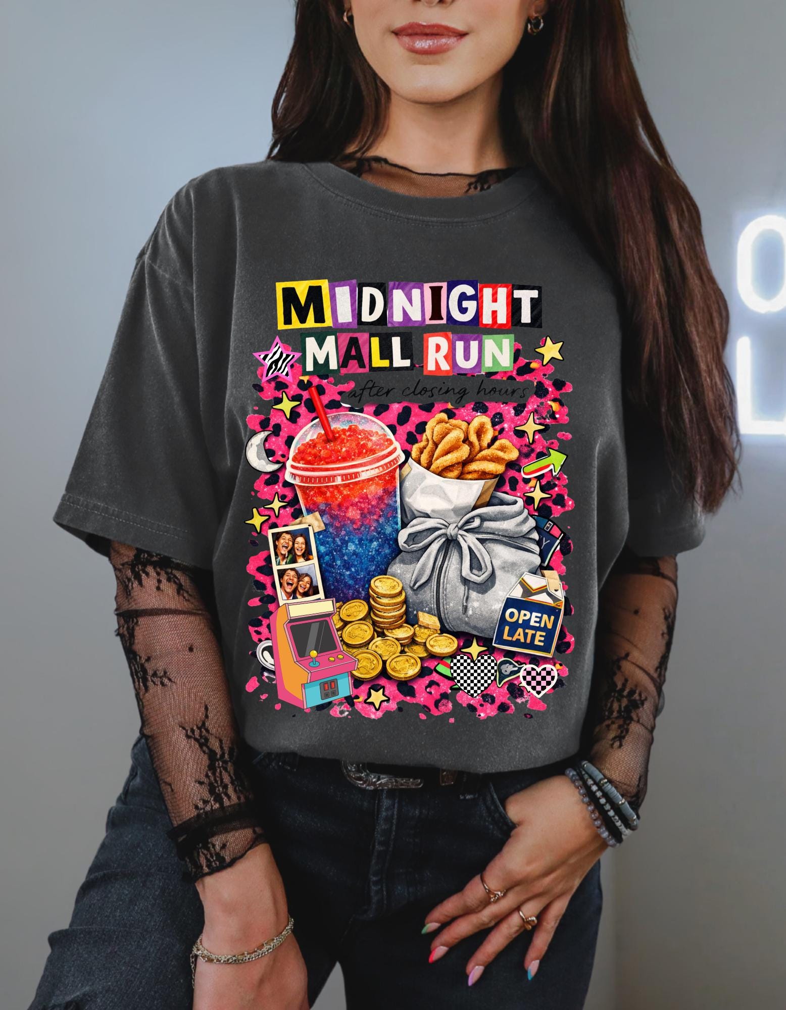 Midnight Mall Run Graphic T-Shirt | Retro Snack Collage Late Night Neon Tee Unisex Streetwear