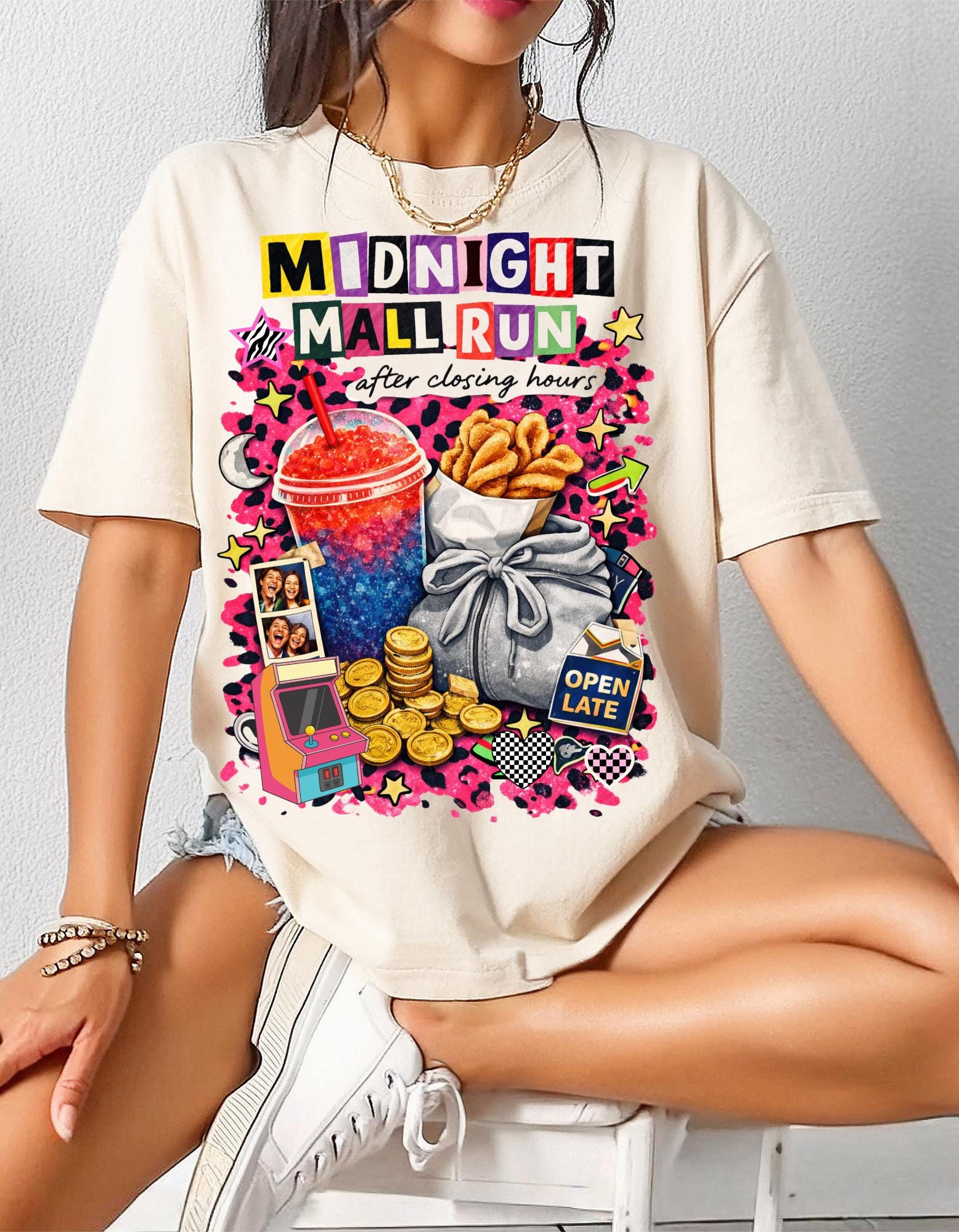 Midnight Mall Run Graphic T-Shirt | Retro Snack Collage Late Night Neon Tee Unisex Streetwear