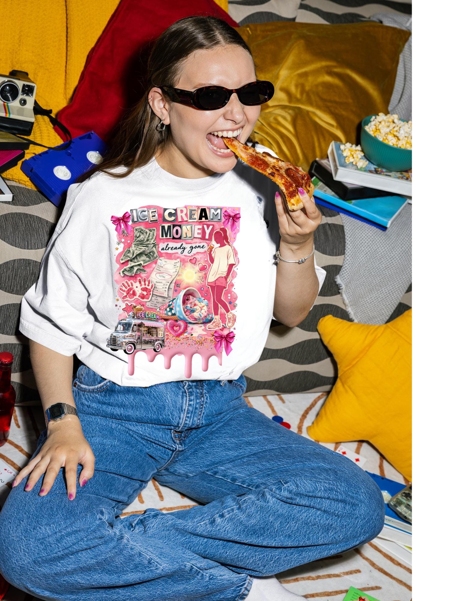 Ice Cream Money collage T-Shirt | retro pink cash cone graphic