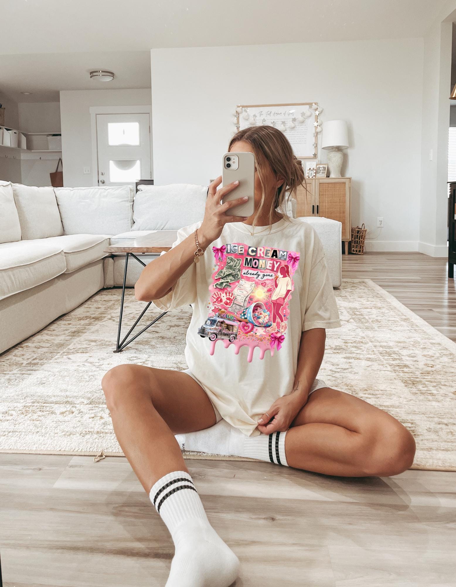 Ice Cream Money collage T-Shirt | retro pink cash cone graphic