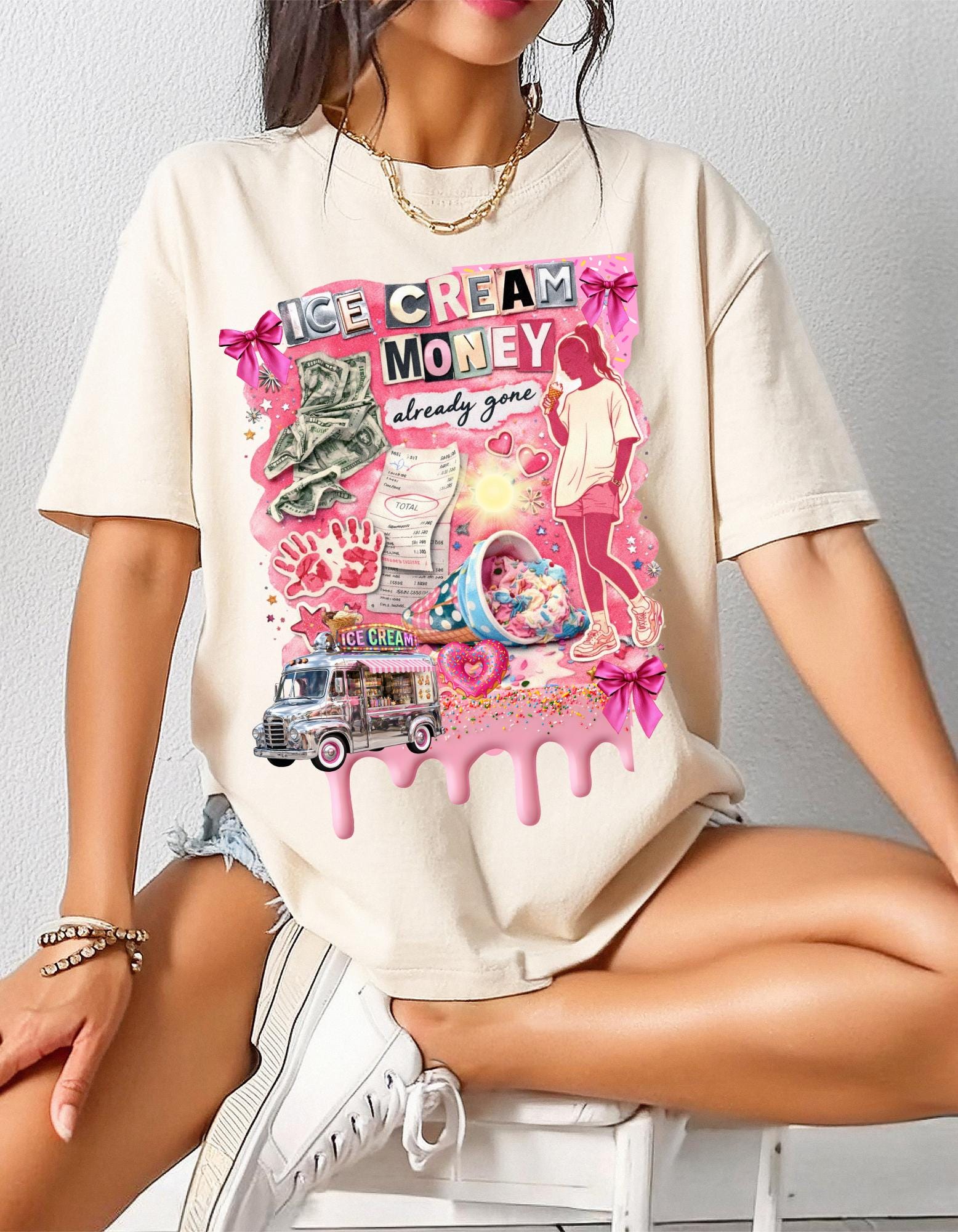 Ice Cream Money collage T-Shirt | retro pink cash cone graphic