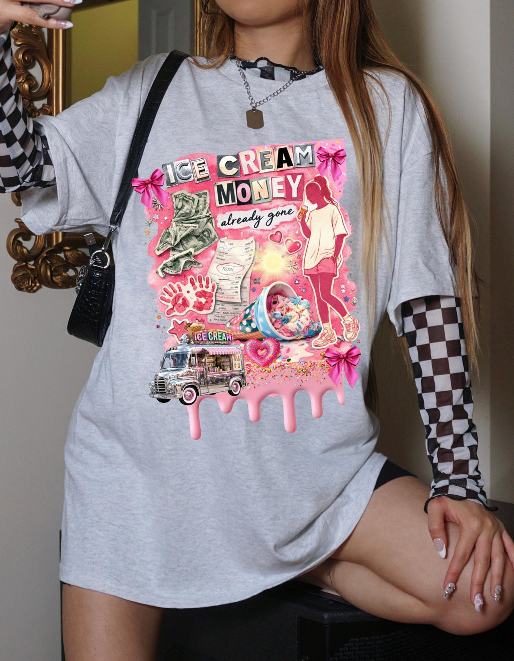Ice Cream Money collage T-Shirt | retro pink cash cone graphic