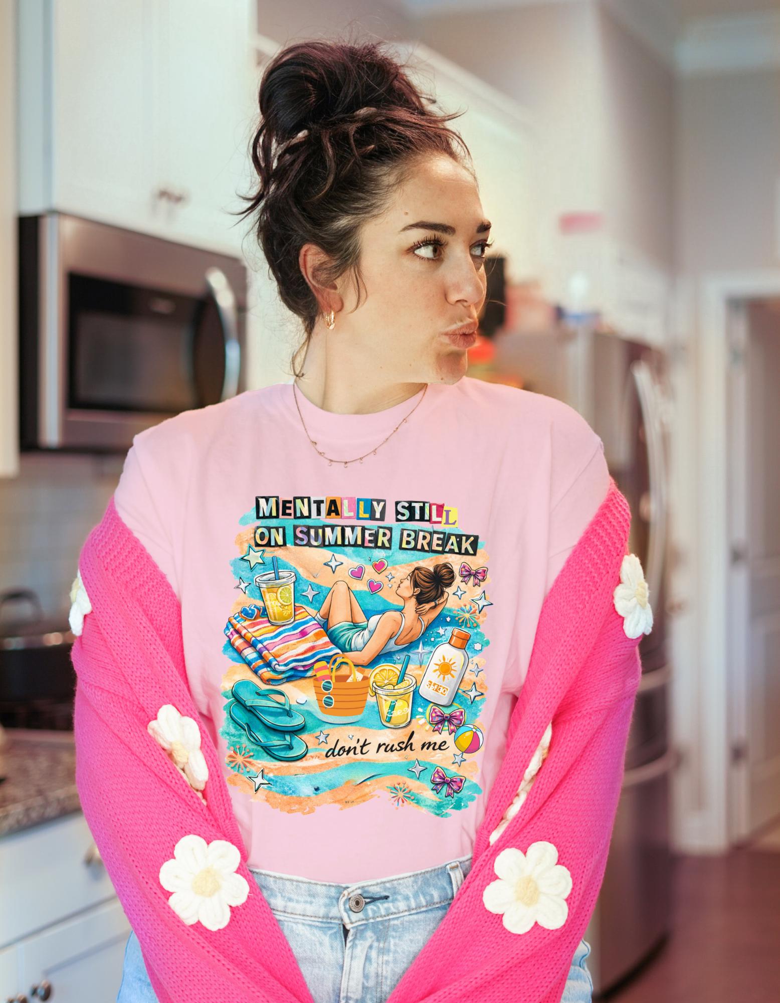 Mentally Still on Summer Break T-shirt | Beach Scene, Sunbathing Graphic, Relaxation Vibes