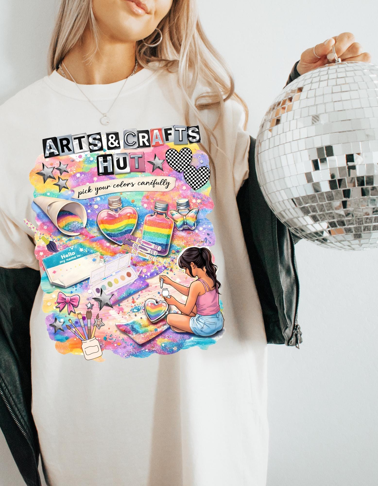 Arts & Crafts Hut Graphic T-Shirt | Colorful Supplies Illustration Tee for Creative Kids Artist Gift