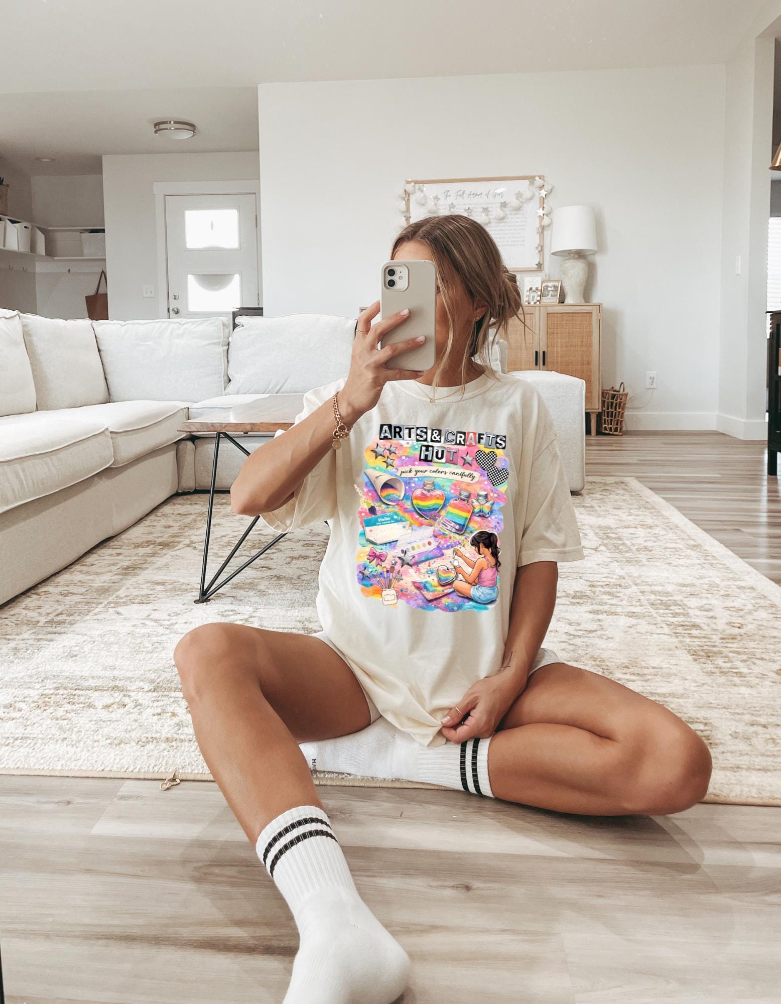 Arts & Crafts Hut Graphic T-Shirt | Colorful Supplies Illustration Tee for Creative Kids Artist Gift