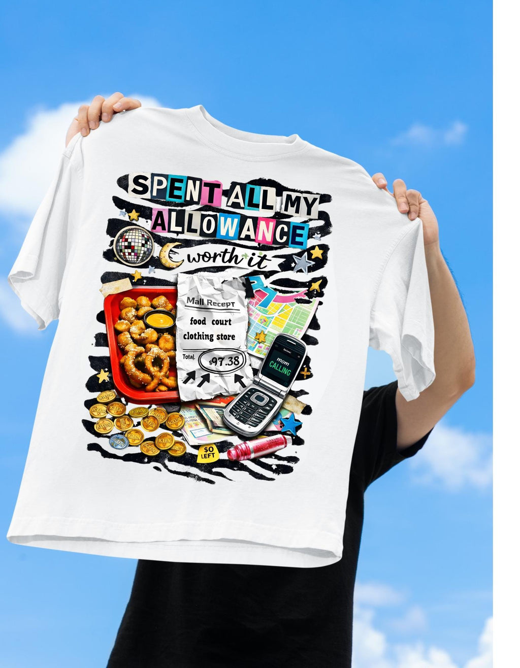 Spent All My Allowance T-Shirt | Retro Snacks, Coins, Flip Phone Design