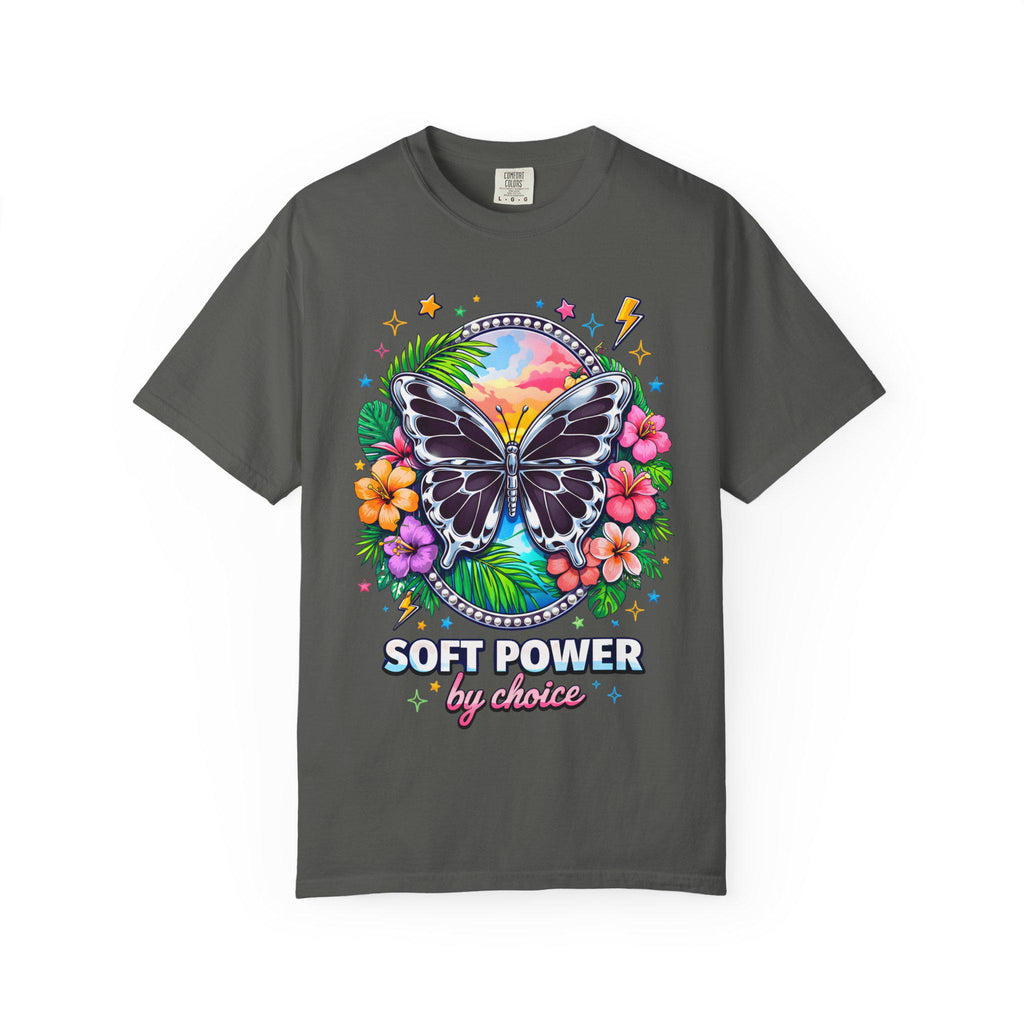 Soft Power butterfly floral graphic T-shirt | pastel sunset, tropical flowers