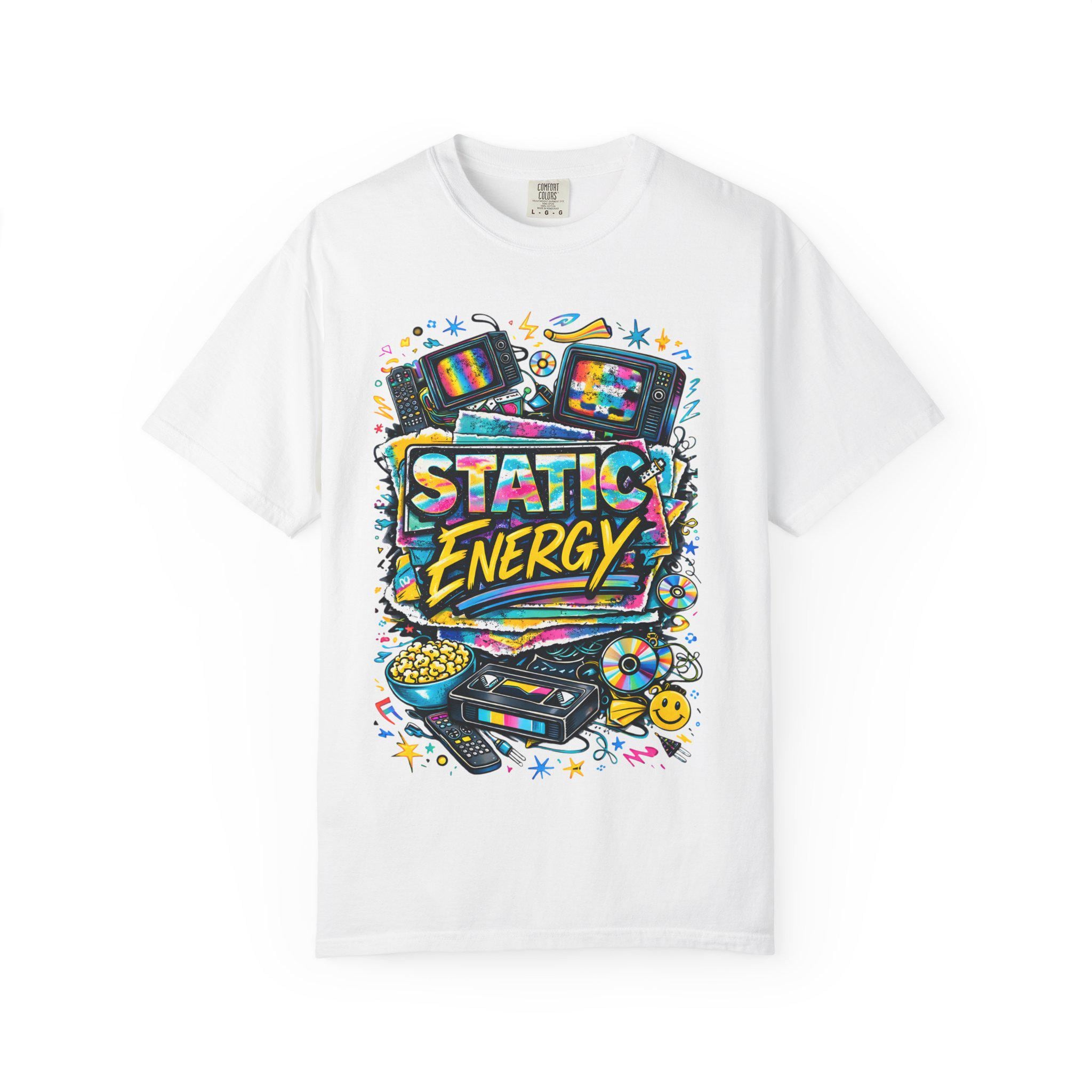 Static Energy graphic tee | Retro TV, VHS, cassette, colorful 90s design