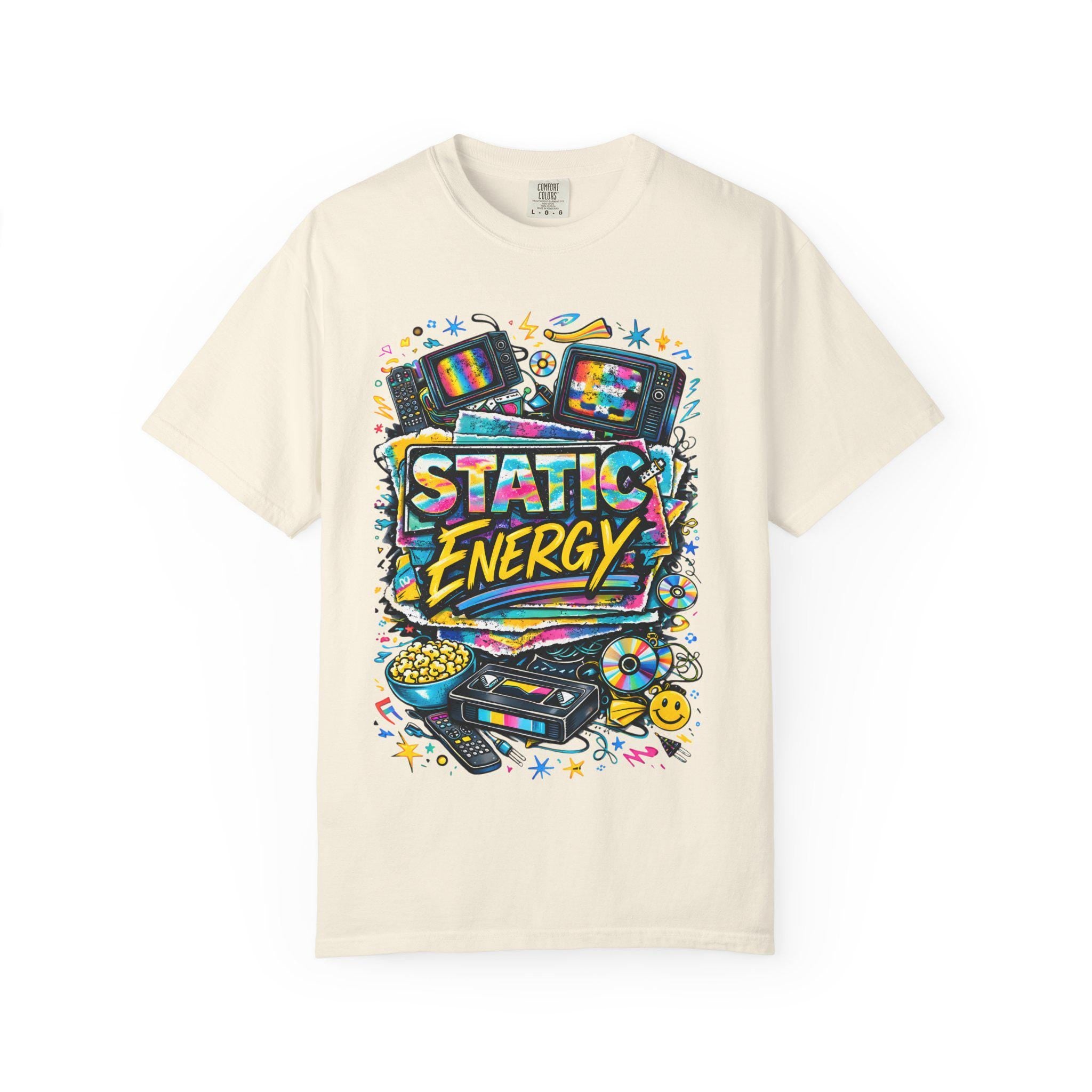 Static Energy graphic tee | Retro TV, VHS, cassette, colorful 90s design