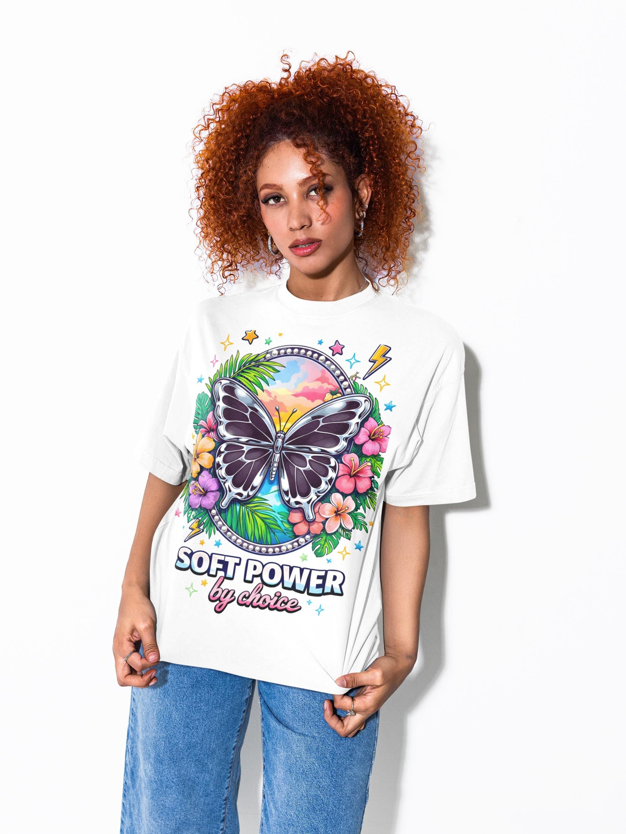 Soft Power butterfly floral graphic T-shirt | pastel sunset, tropical flowers