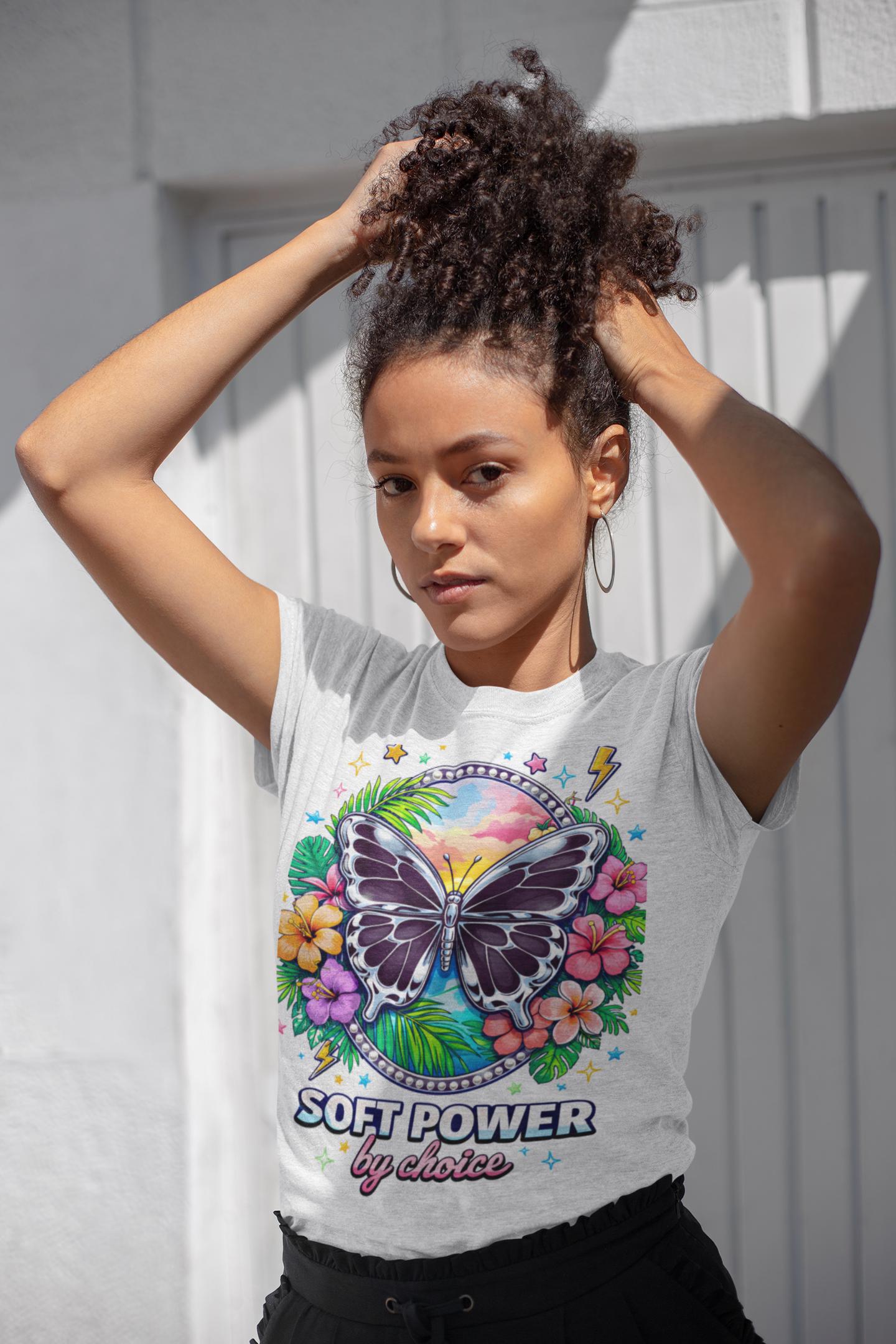 Soft Power butterfly floral graphic T-shirt | pastel sunset, tropical flowers