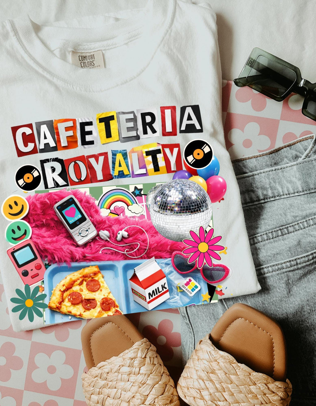 Cafeteria Royalty T-Shirt | Retro School Lunch Pizza Milkbox Smiley Icons Graphic Tee