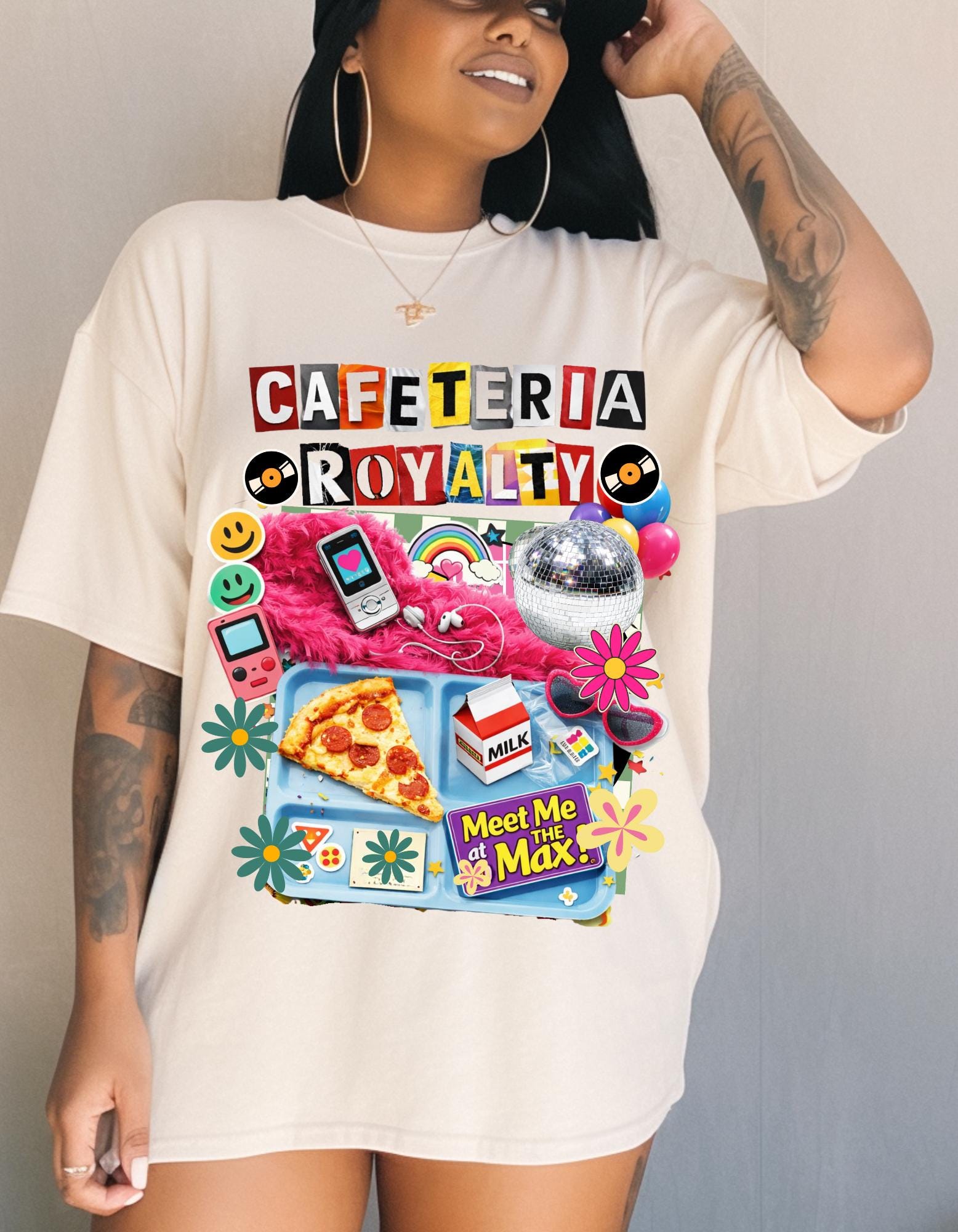 Cafeteria Royalty T-Shirt | Retro School Lunch Pizza Milkbox Smiley Icons Graphic Tee