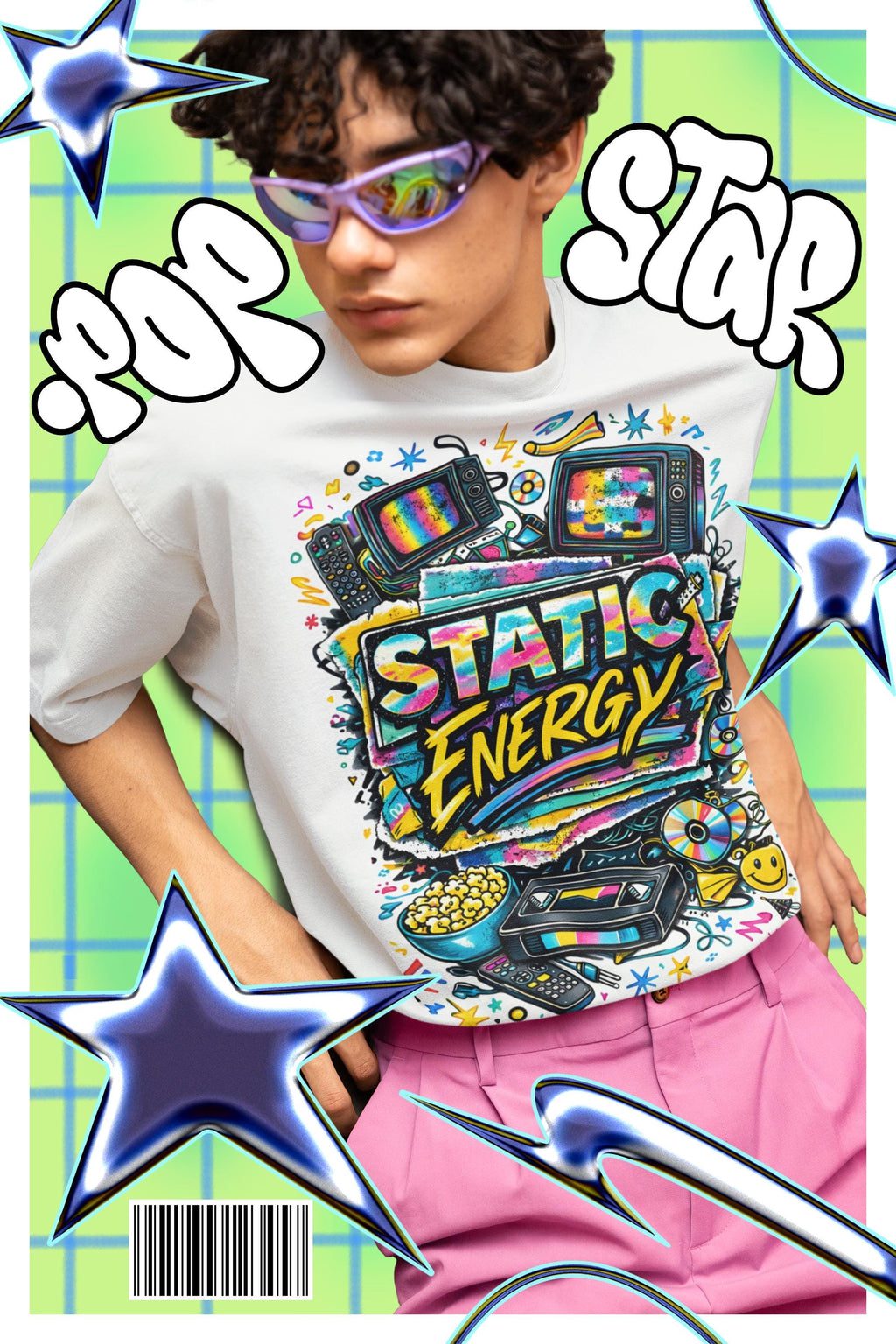 Static Energy graphic tee | Retro TV, VHS, cassette, colorful 90s design