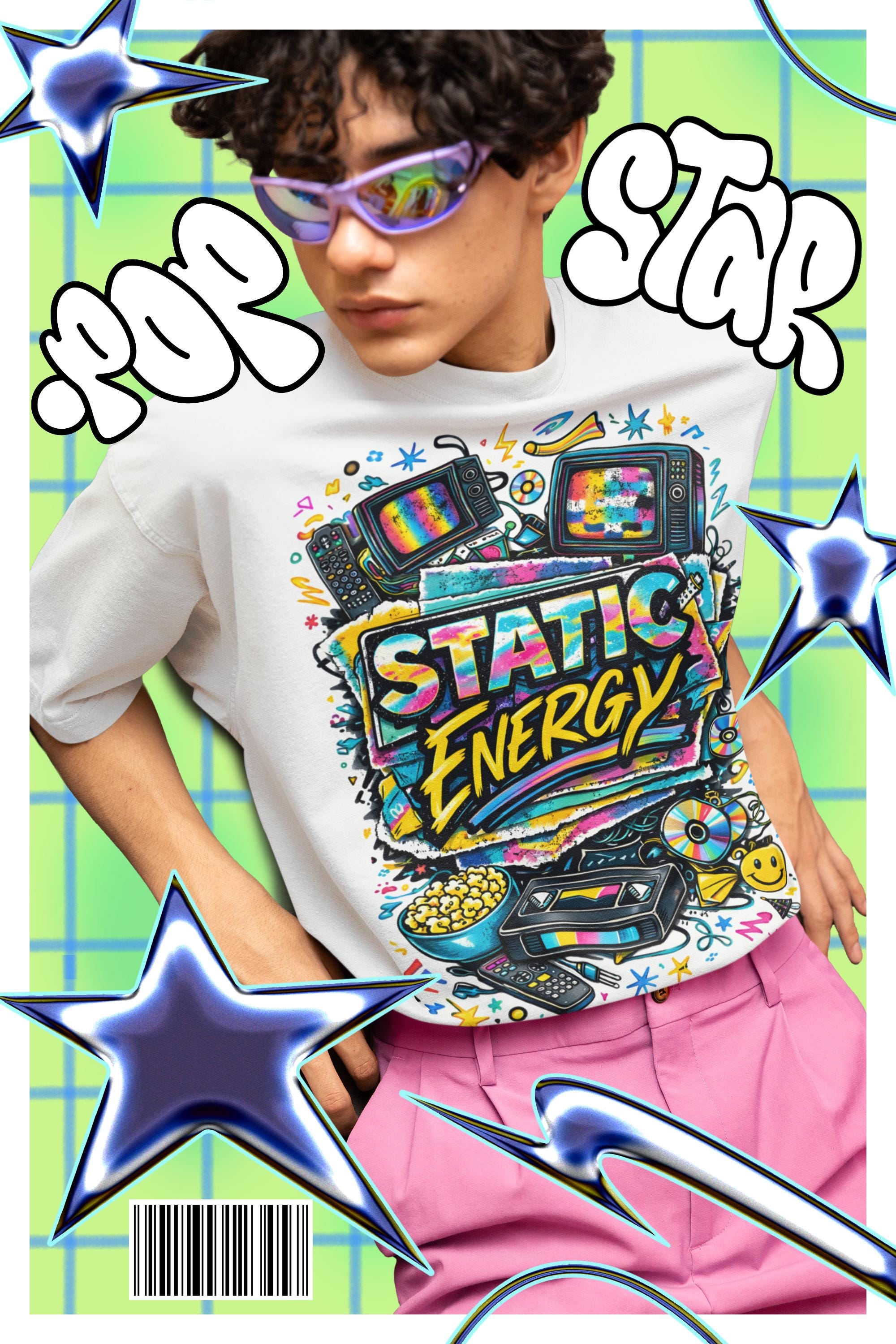 Static Energy graphic tee | Retro TV, VHS, cassette, colorful 90s design