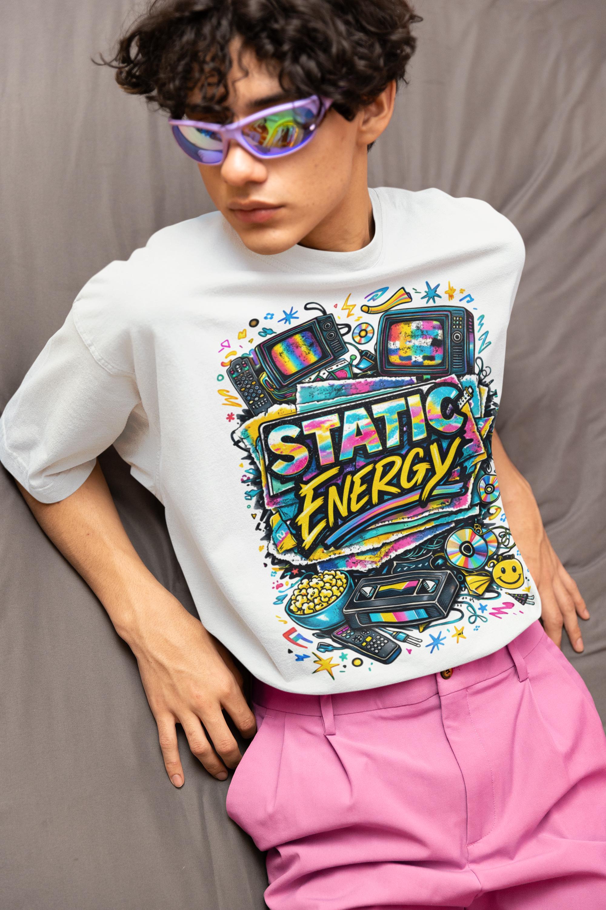 Static Energy graphic tee | Retro TV, VHS, cassette, colorful 90s design
