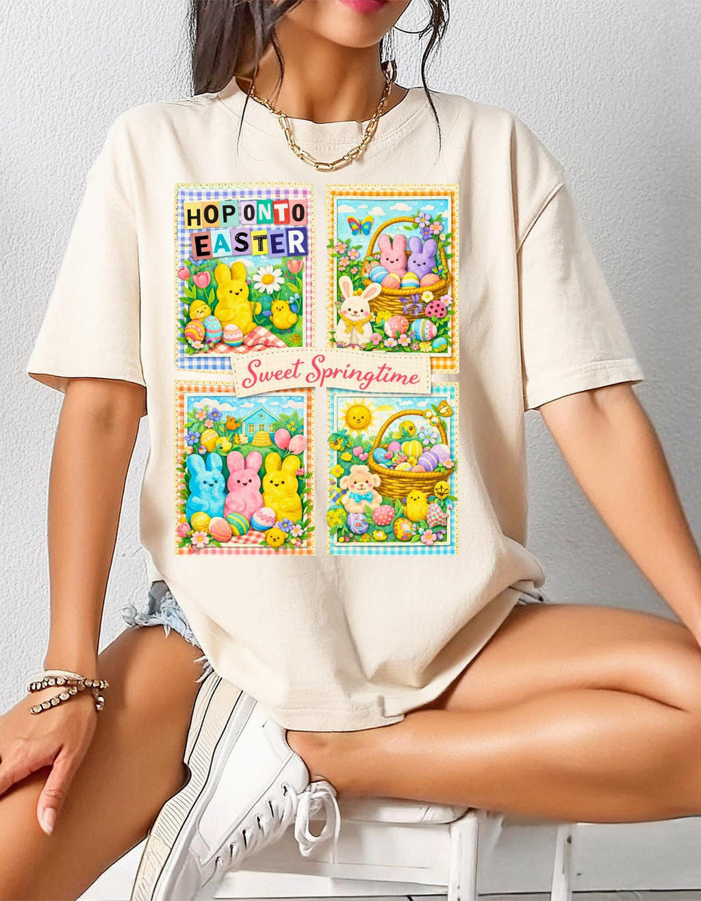 Easter Peeps Collage T-Shirt Sweet Springtime Graphic Tee Holiday Bunny Pastel Seasonal Unisex