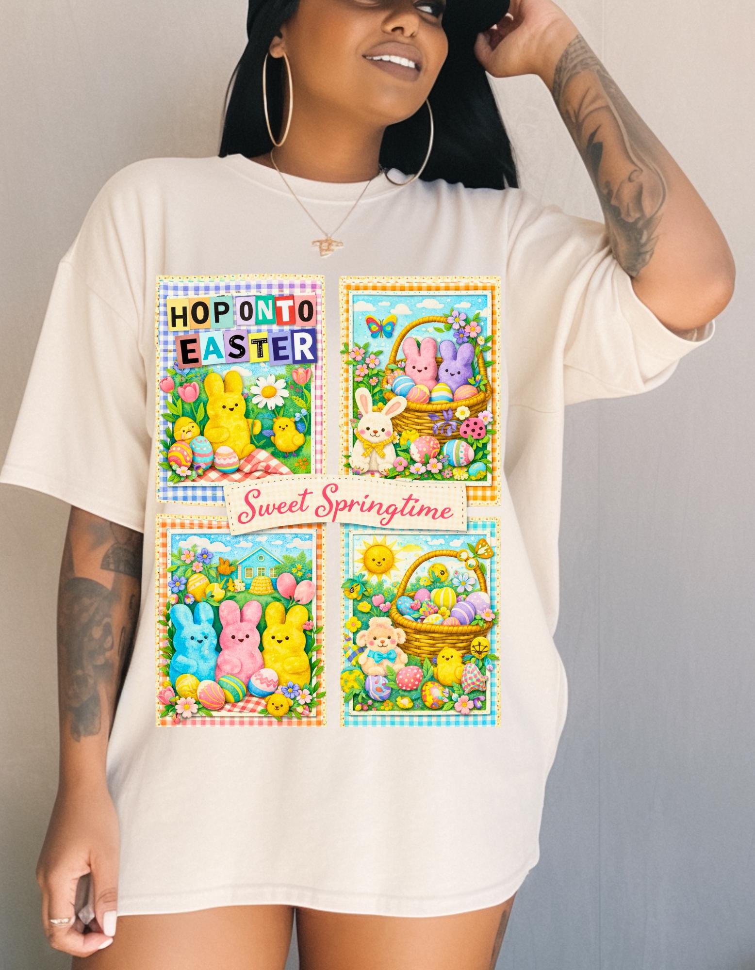 Easter Peeps Collage T-Shirt Sweet Springtime Graphic Tee Holiday Bunny Pastel Seasonal Unisex