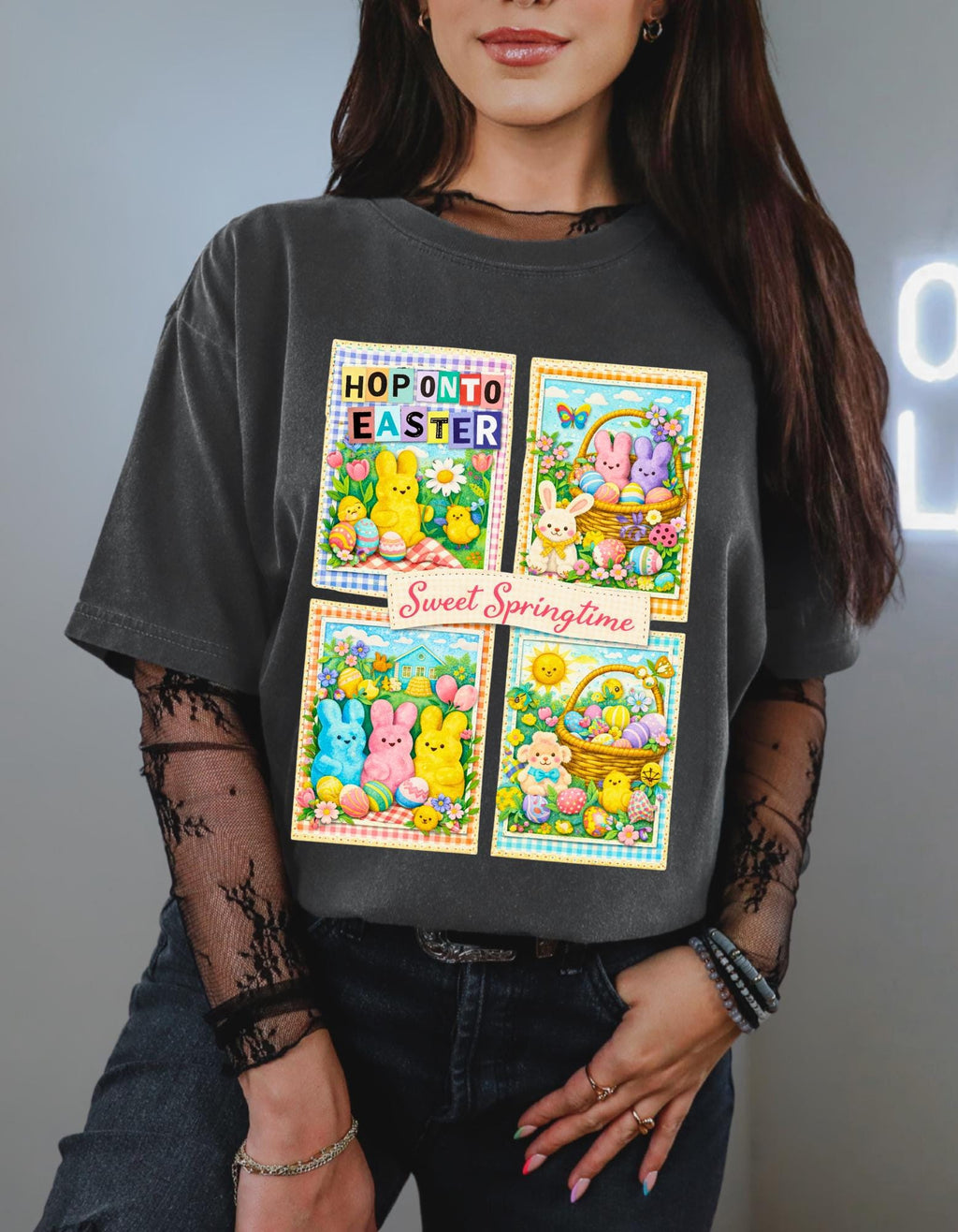 Easter Peeps Collage T-Shirt Sweet Springtime Graphic Tee Holiday Bunny Pastel Seasonal Unisex