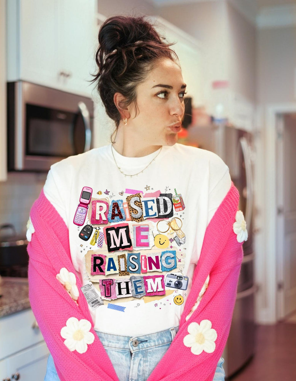 Raised Me Raising Them Retro Collage Mom Pride T-Shirt | Motherhood Appreciation Tee Gift