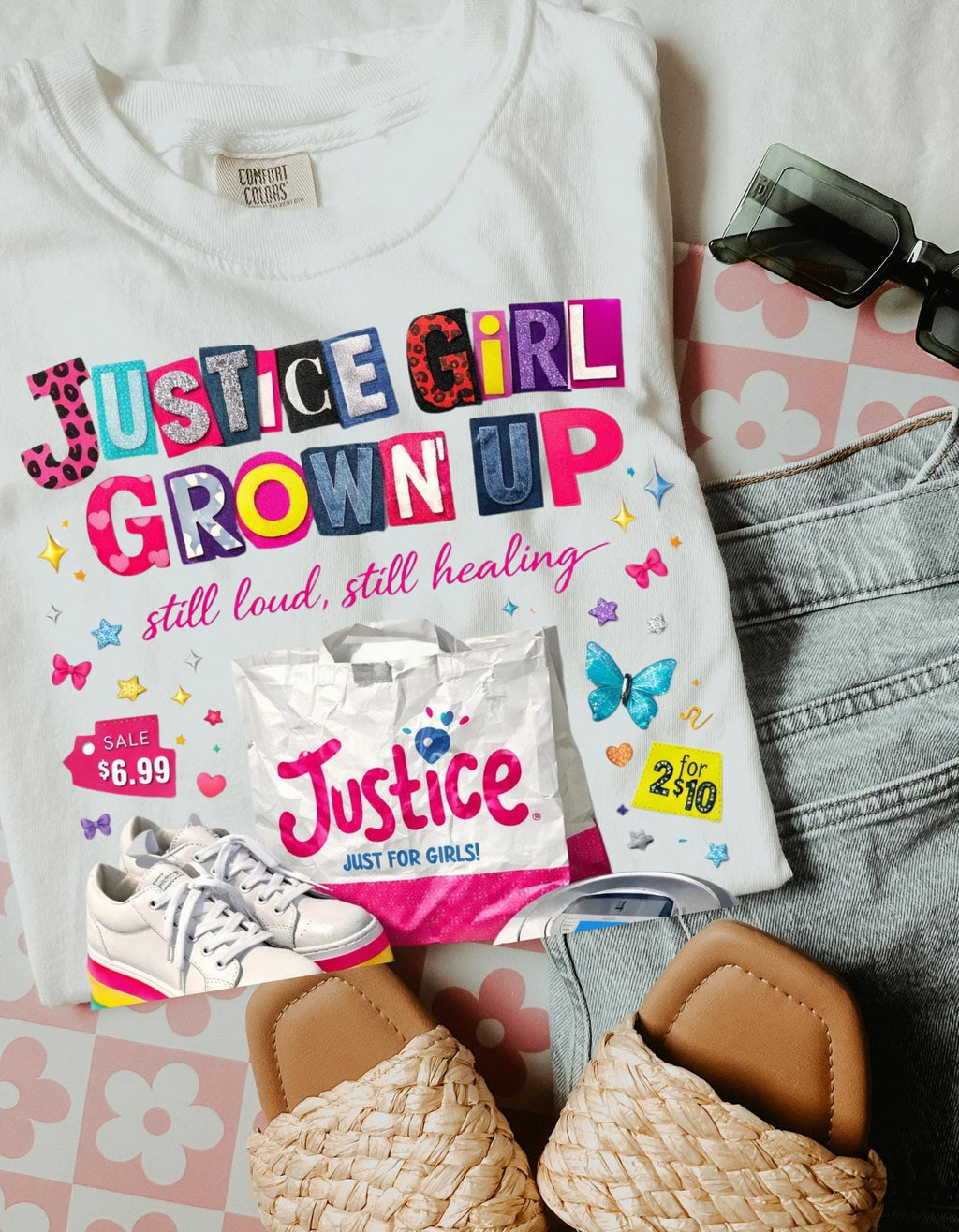 Justice Girl Grown Up Tee | 90s Nostalgia Graphic T-Shirt Cassette Rollerblade Design Vintage Throwback