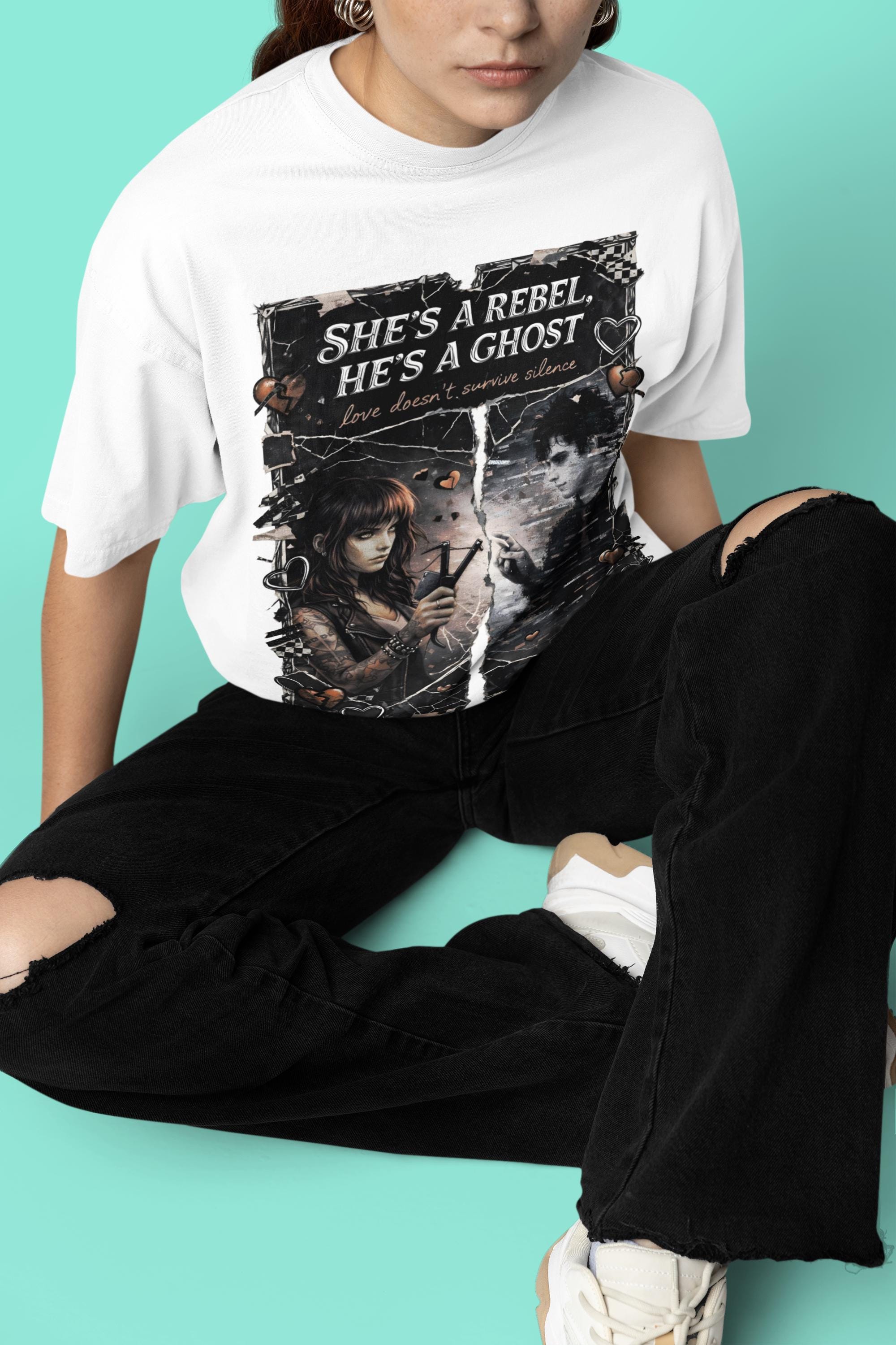 Emotional Grunge Graphic Tee: She's a Rebel He's a Ghost Alternative Vintage Style T-Shirt