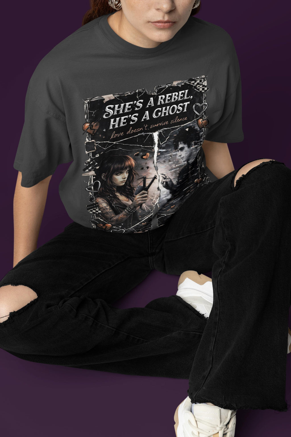 Emotional Grunge Graphic Tee: She's a Rebel He's a Ghost Alternative Vintage Style T-Shirt