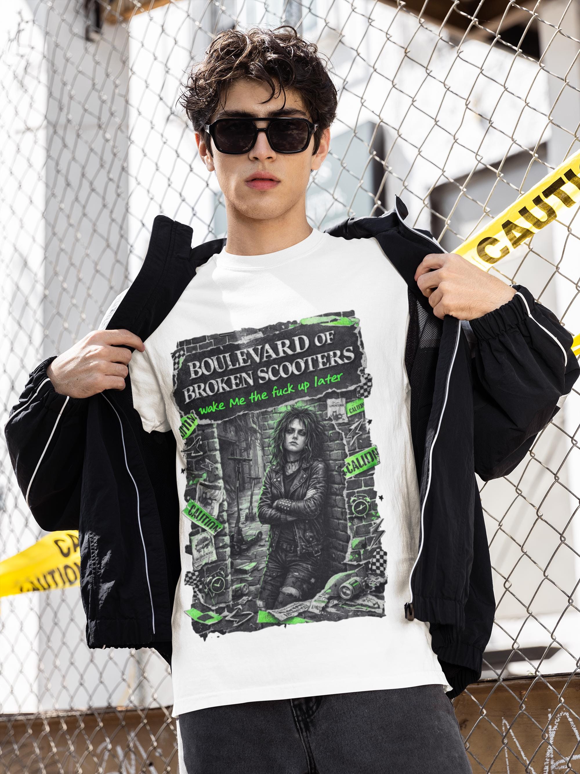 Boulevard of Broken Scooters Graphic T-Shirt Green Punk Band Poster Style Vintage Unisex Tee