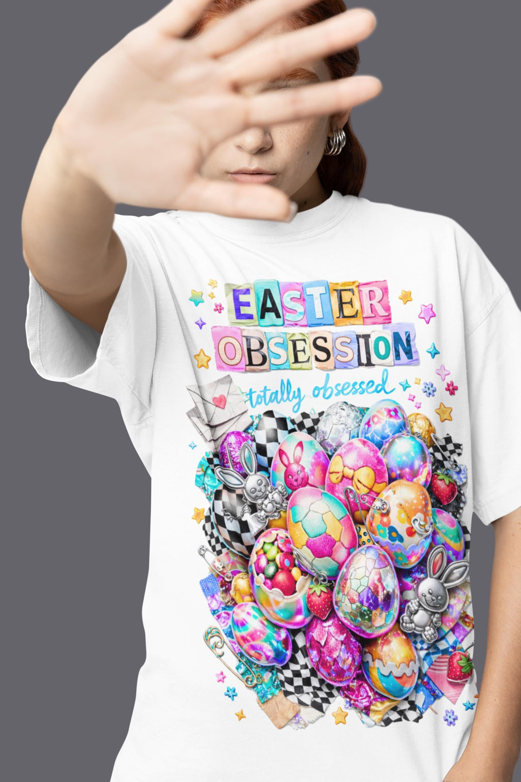 Easter Obsession Graphic Tee - Candy Egg Collage, Spring Outfit