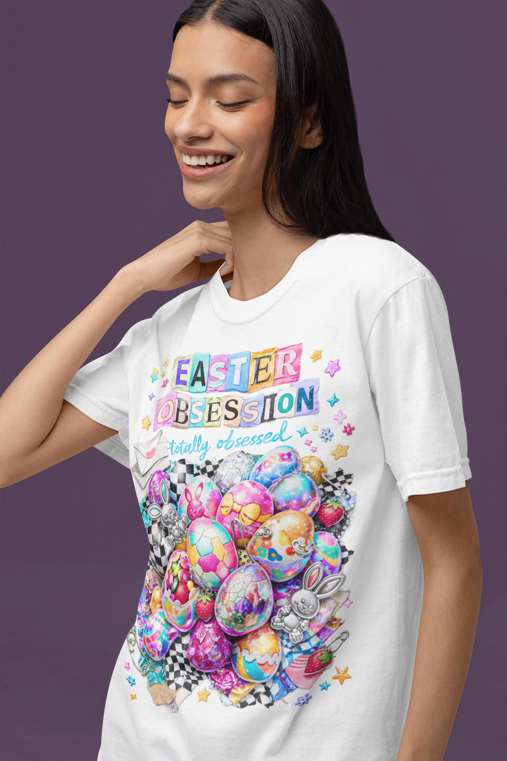 Easter Obsession Graphic Tee - Candy Egg Collage, Spring Outfit