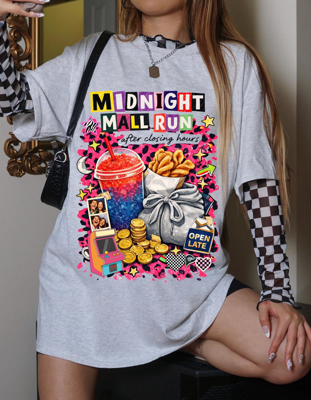 Midnight Mall Run Graphic T-Shirt | Retro Snack Collage Late Night Neon Tee Unisex Streetwear