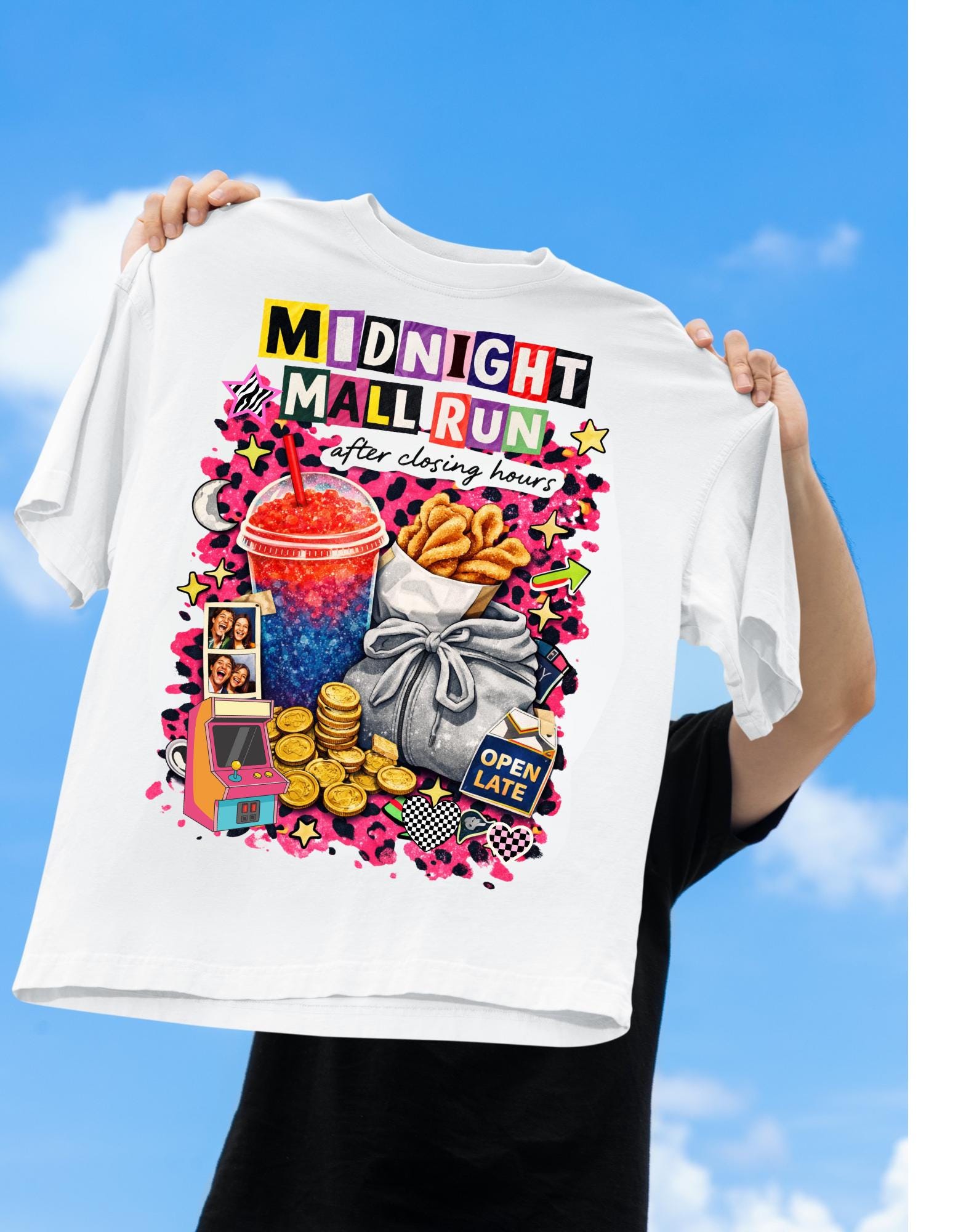 Midnight Mall Run Graphic T-Shirt | Retro Snack Collage Late Night Neon Tee Unisex Streetwear