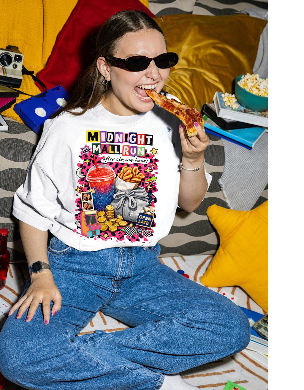 Midnight Mall Run Graphic T-Shirt | Retro Snack Collage Late Night Neon Tee Unisex Streetwear