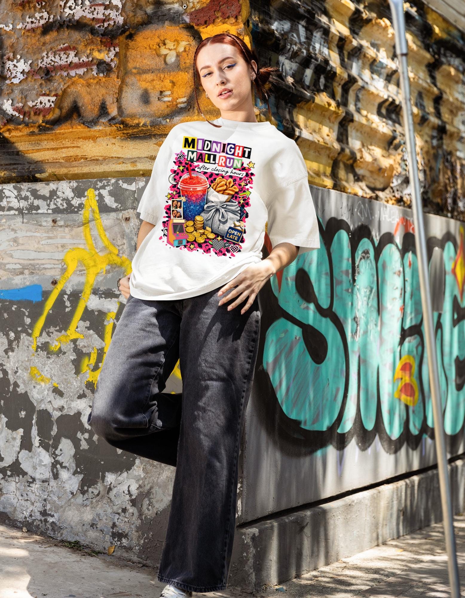 Midnight Mall Run Graphic T-Shirt | Retro Snack Collage Late Night Neon Tee Unisex Streetwear
