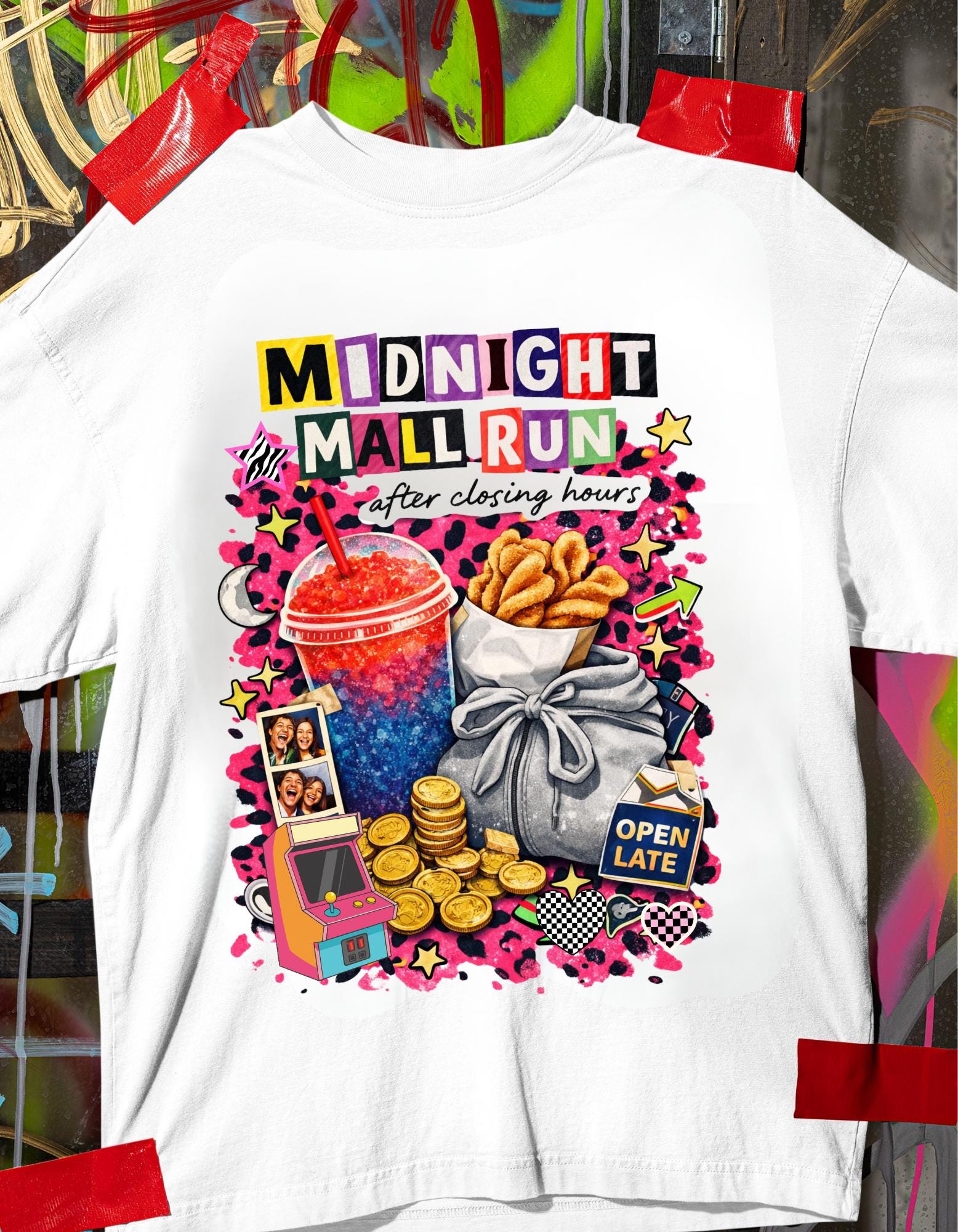 Midnight Mall Run Graphic T-Shirt | Retro Snack Collage Late Night Neon Tee Unisex Streetwear
