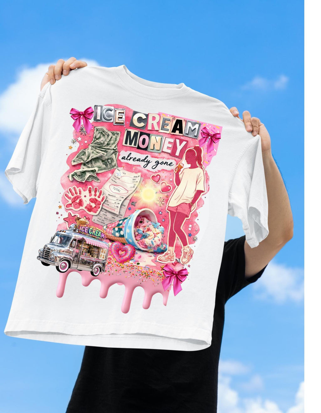 Ice Cream Money collage T-Shirt | retro pink cash cone graphic