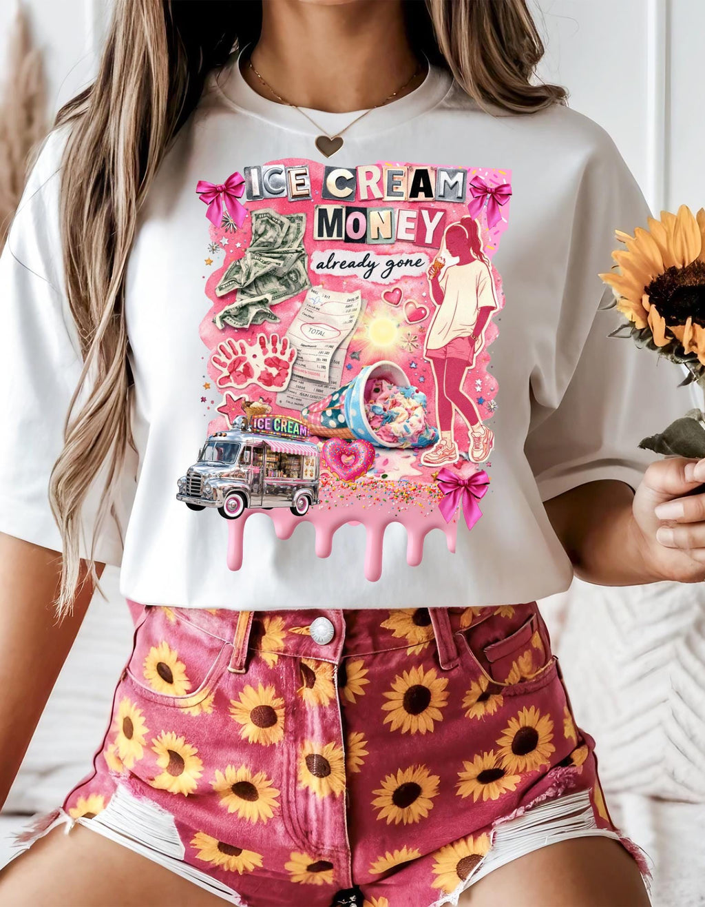 Ice Cream Money collage T-Shirt | retro pink cash cone graphic