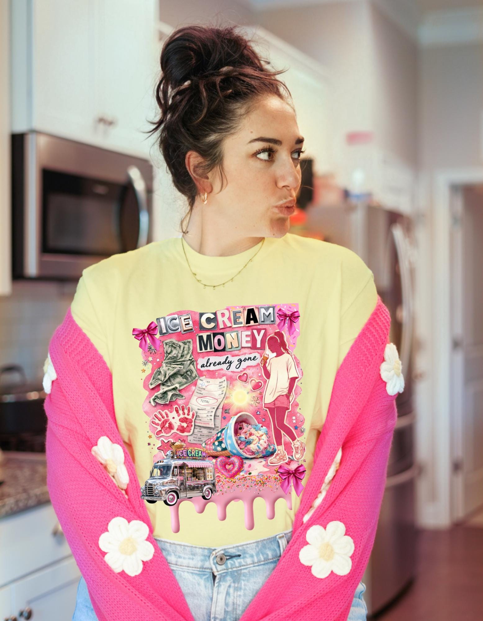 Ice Cream Money collage T-Shirt | retro pink cash cone graphic