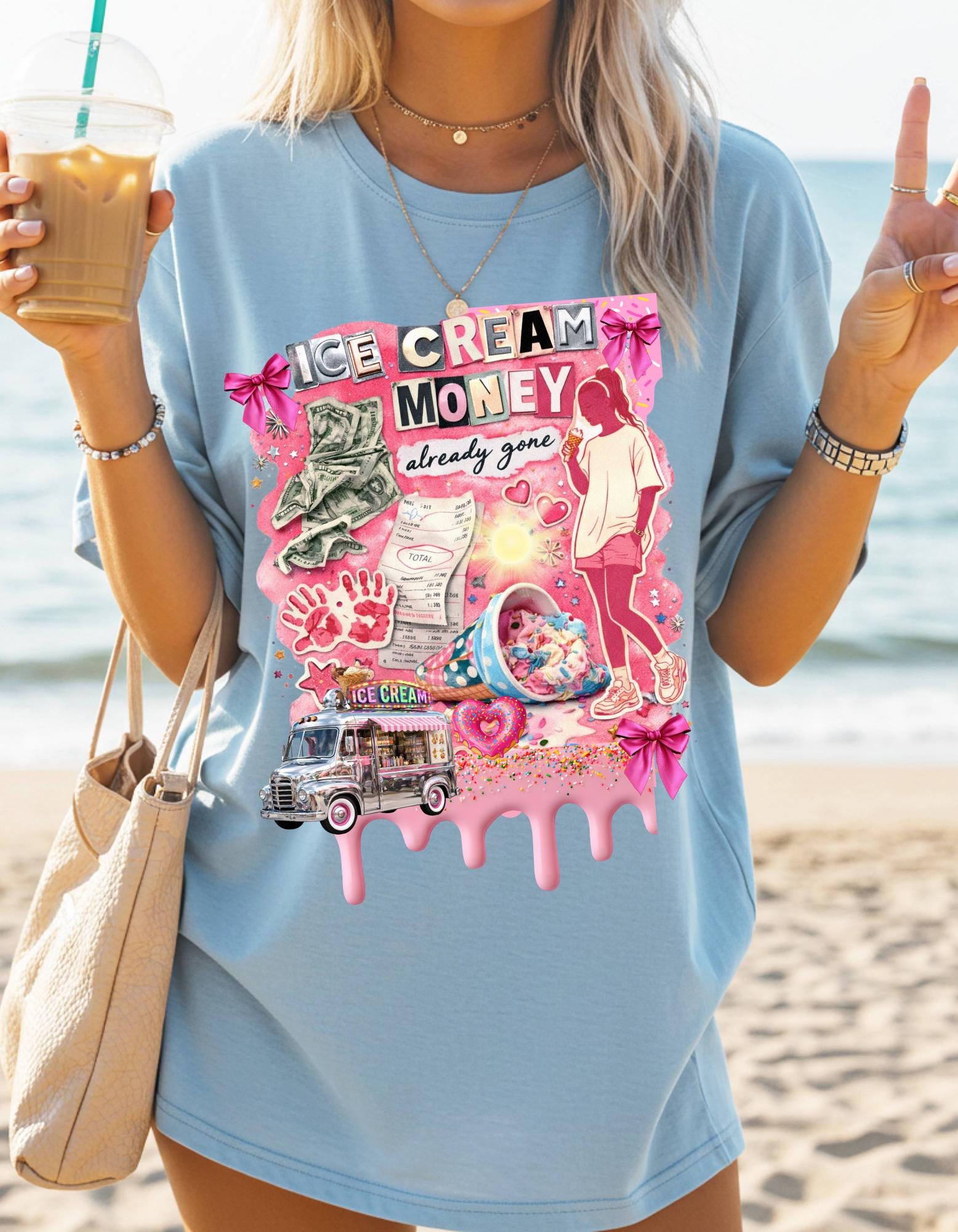 Ice Cream Money collage T-Shirt | retro pink cash cone graphic
