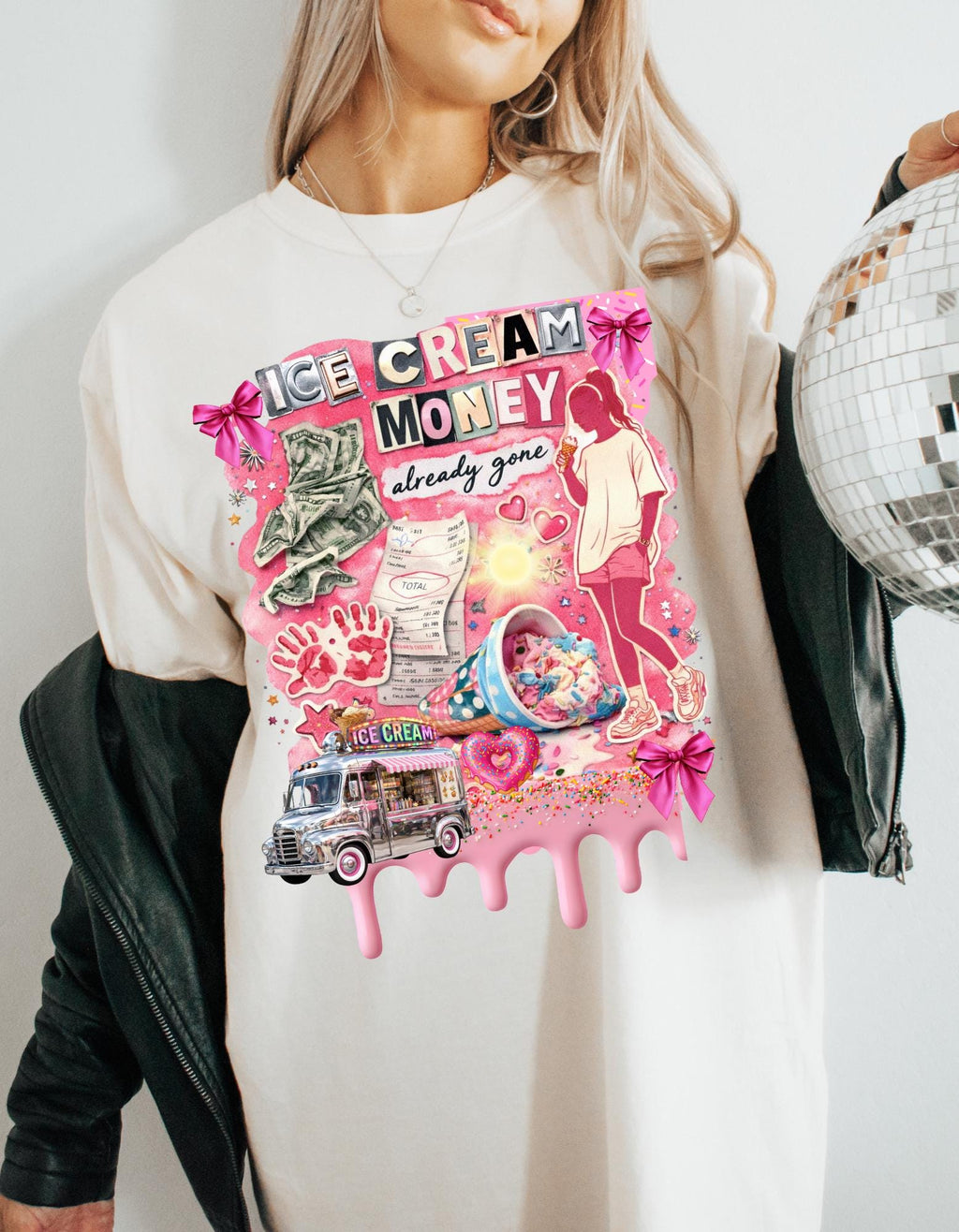 Ice Cream Money collage T-Shirt | retro pink cash cone graphic