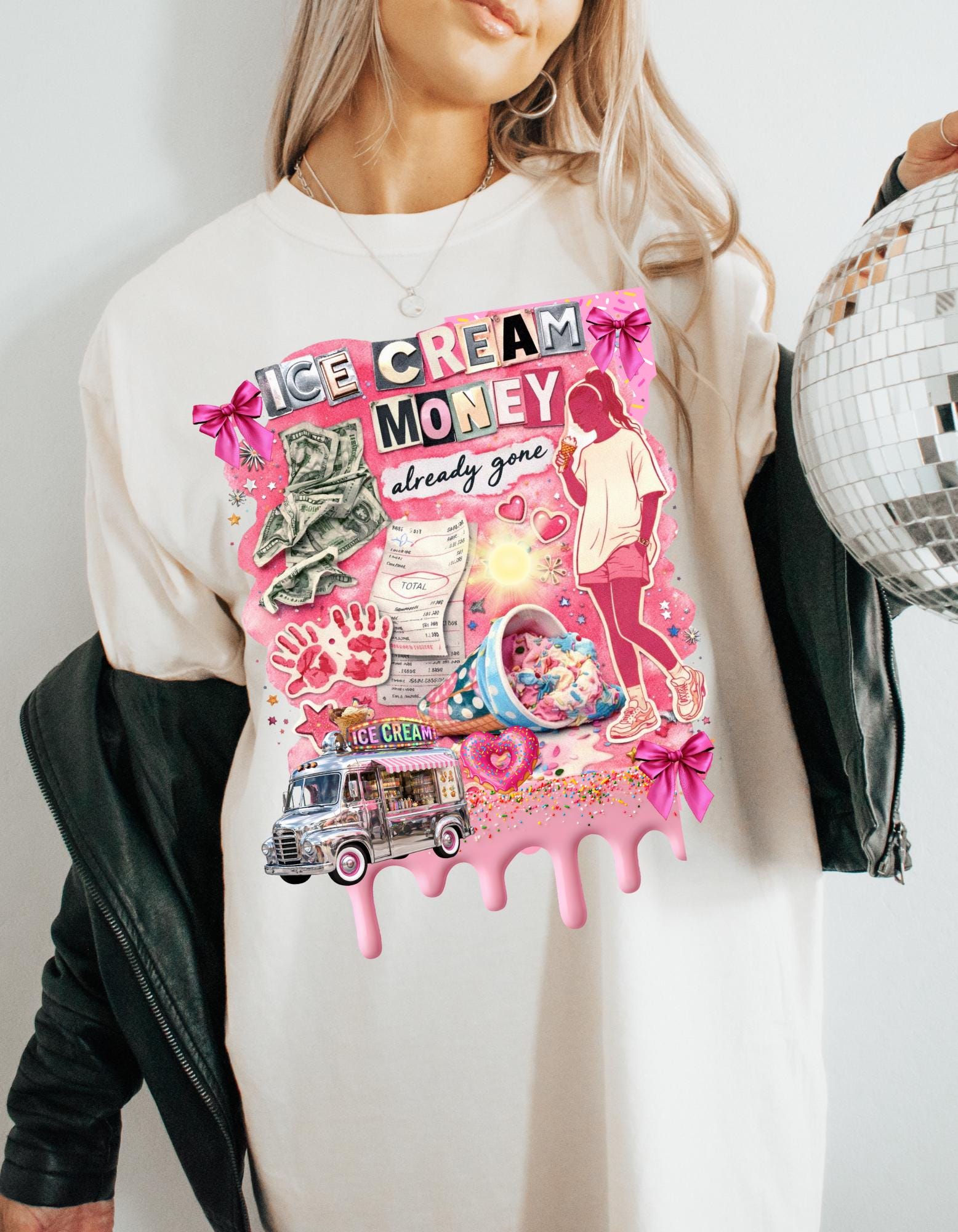 Ice Cream Money collage T-Shirt | retro pink cash cone graphic